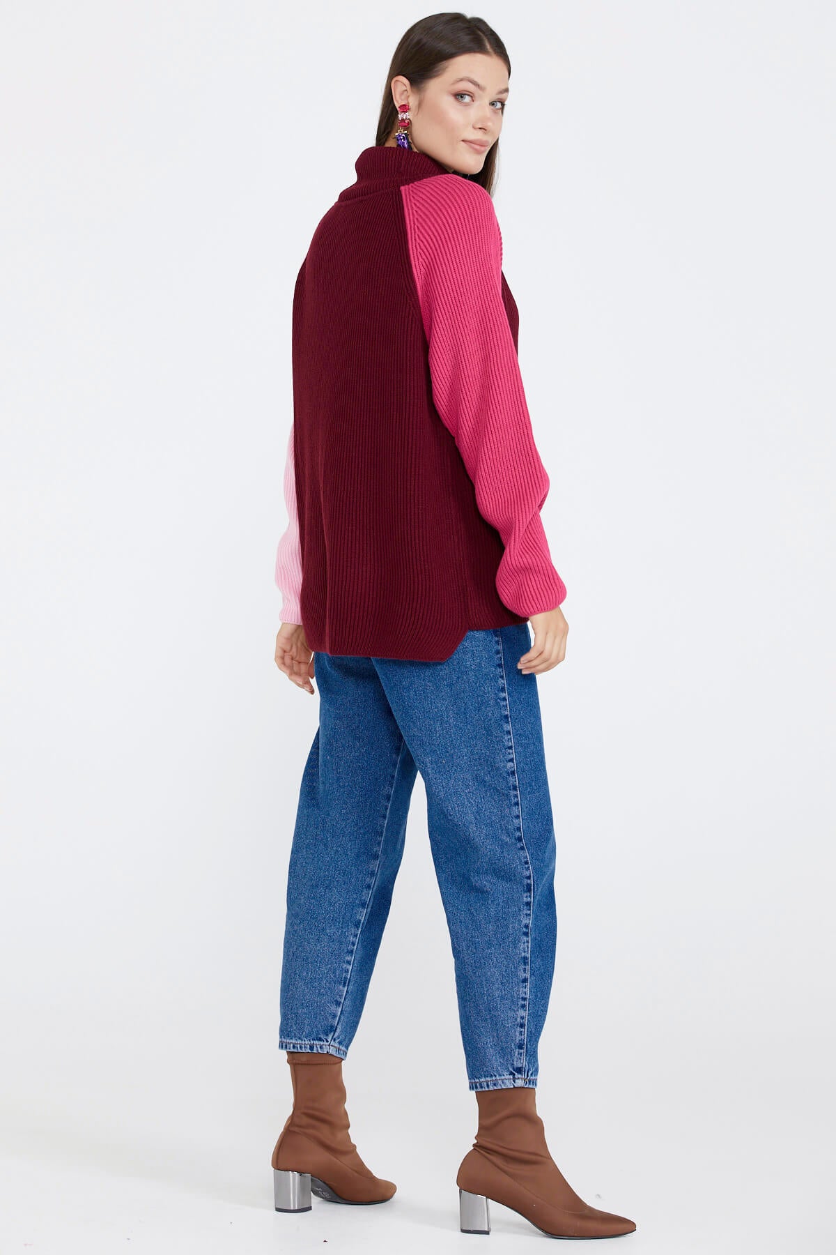 Kadın Degaje Yaka Renkli Triko Kazak - Bordo (4) Sementa