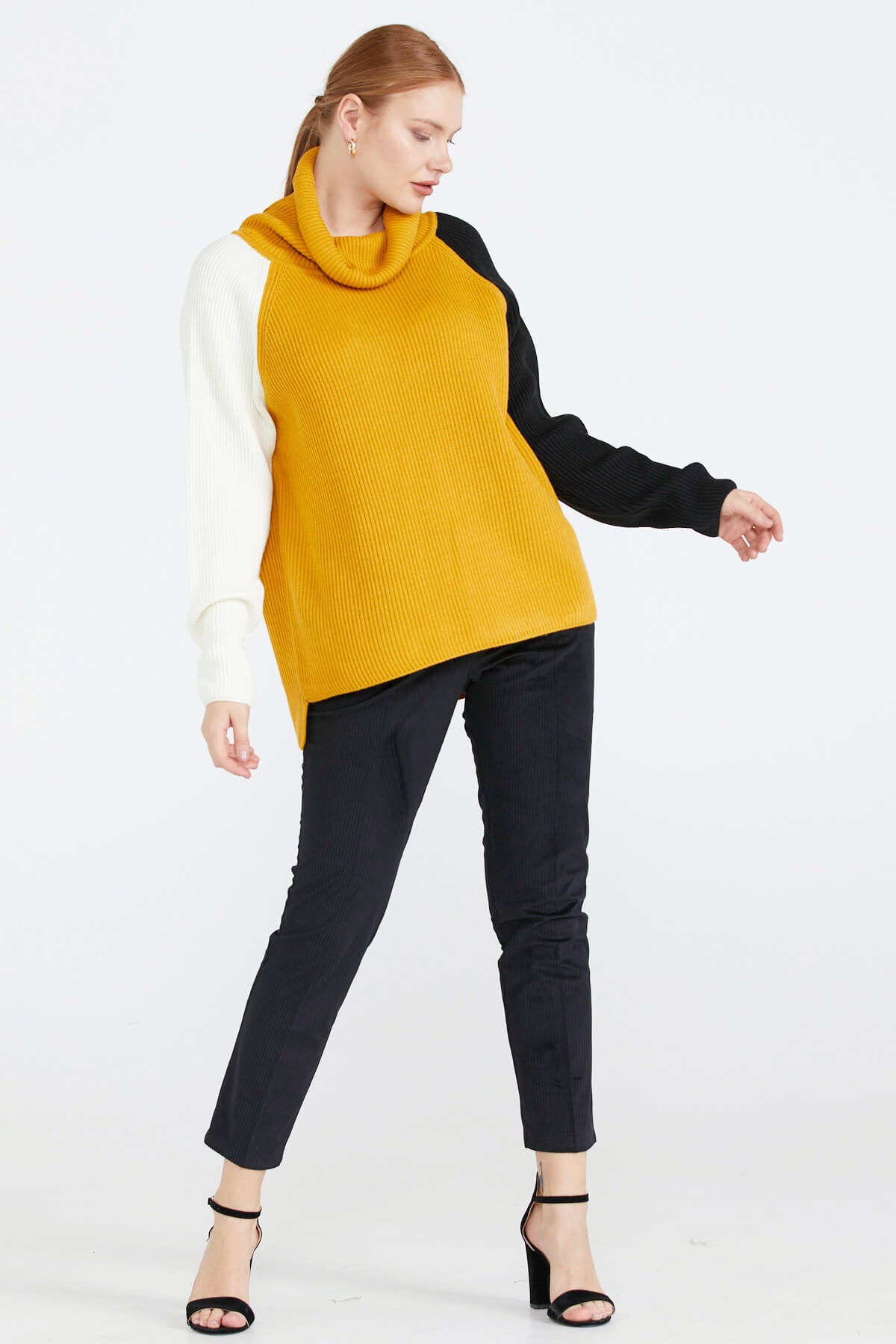 Kadın Degaje Yaka Renkli Triko Kazak - Hardal (2) Sementa