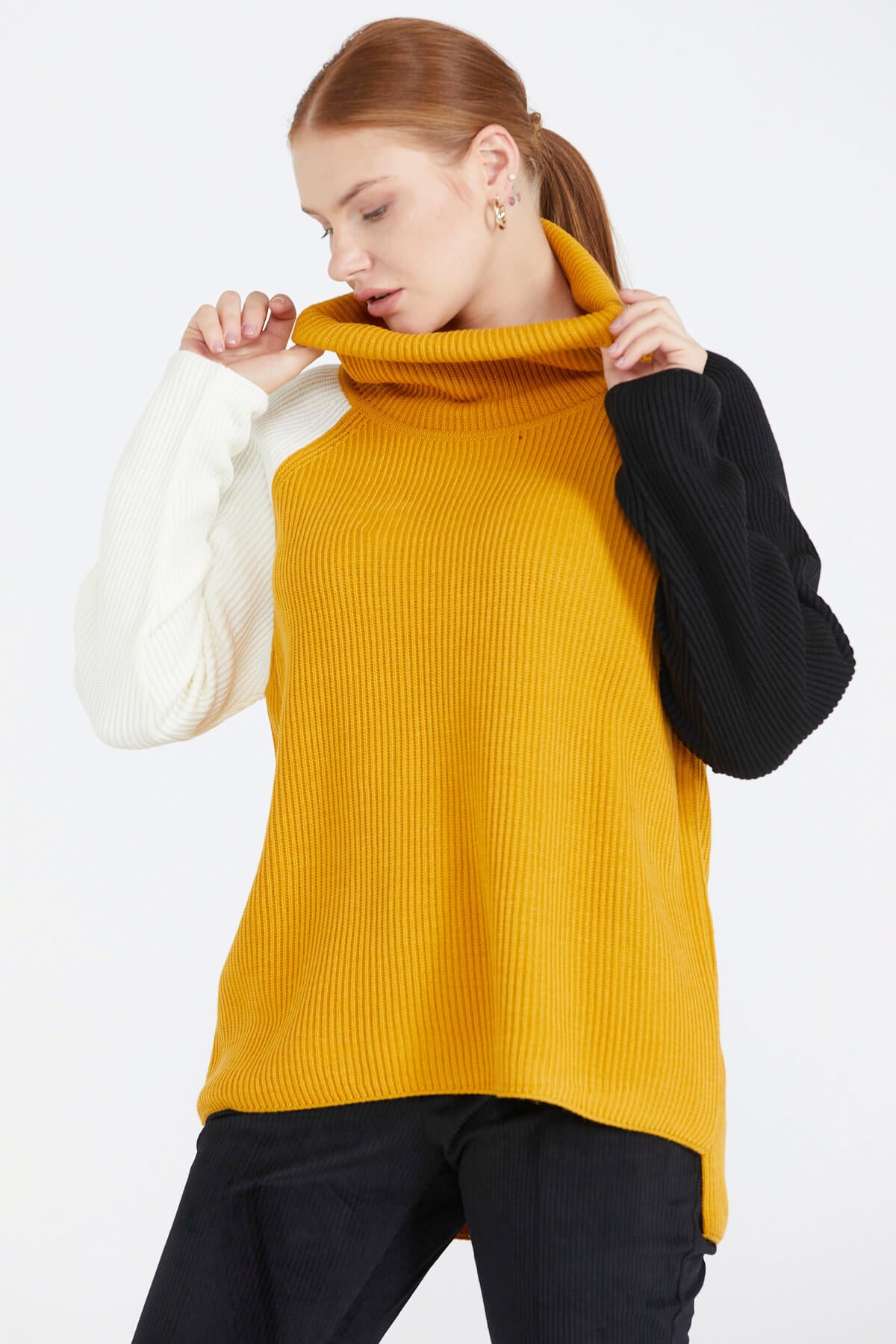 Kadın Degaje Yaka Renkli Triko Kazak - Hardal (3) Sementa