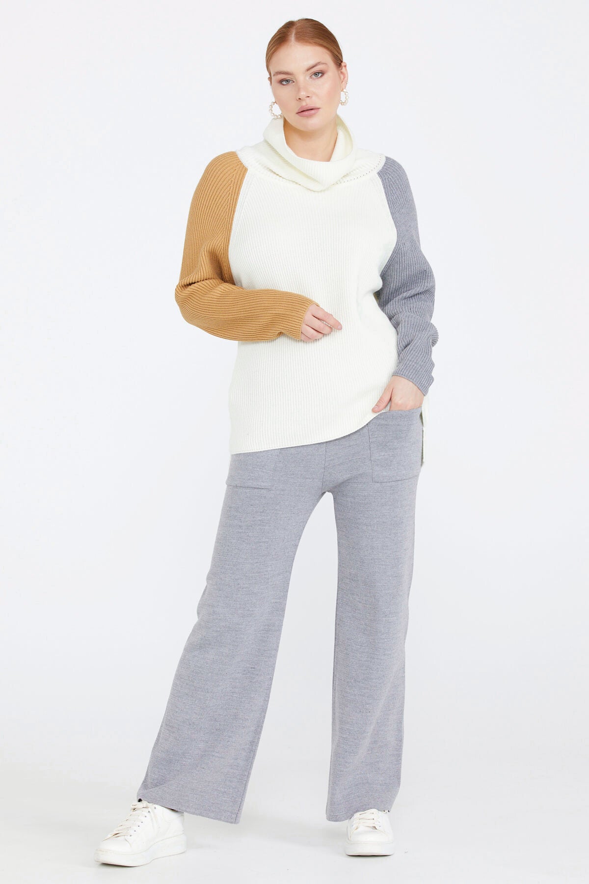 Kadın Degaje Yaka Renkli Triko Kazak - Kemik (2) Sementa