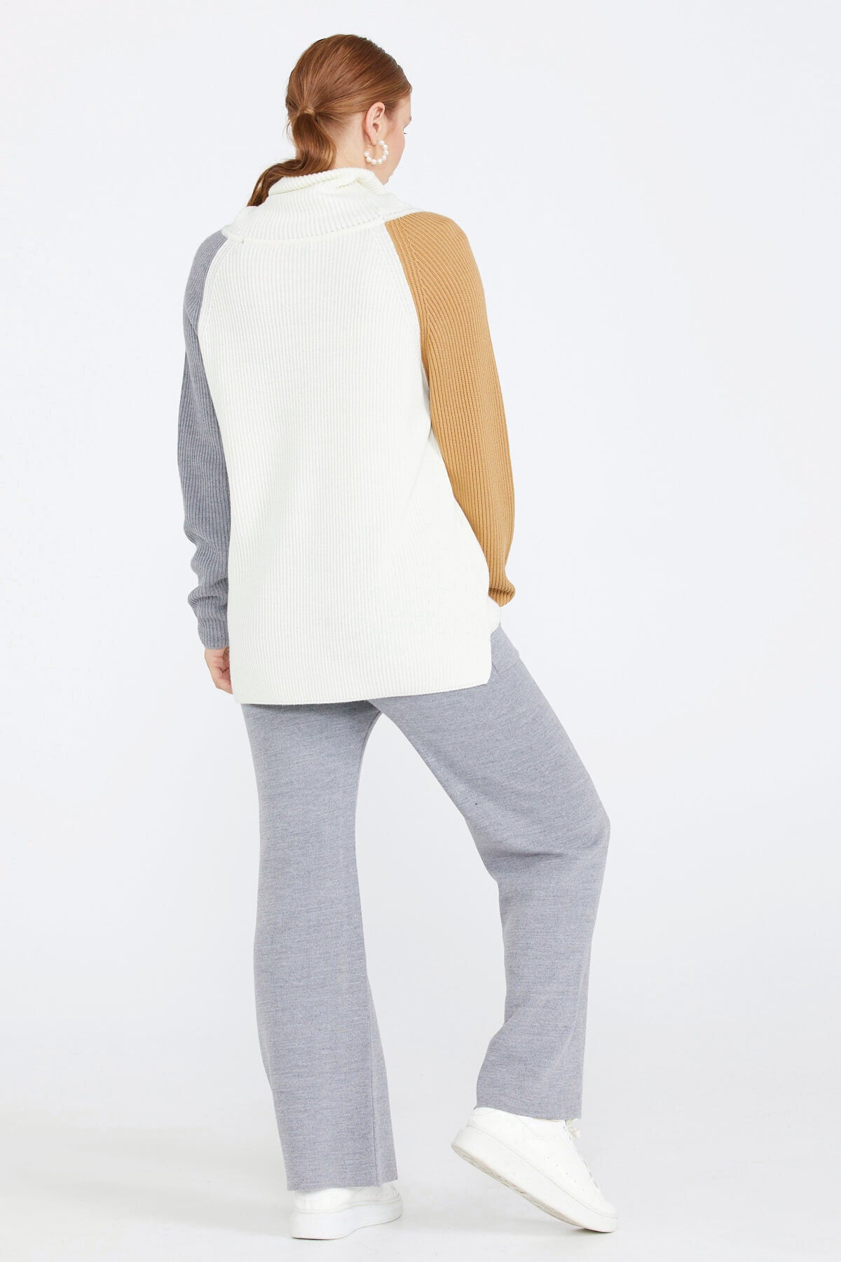 Kadın Degaje Yaka Renkli Triko Kazak - Kemik (4) Sementa