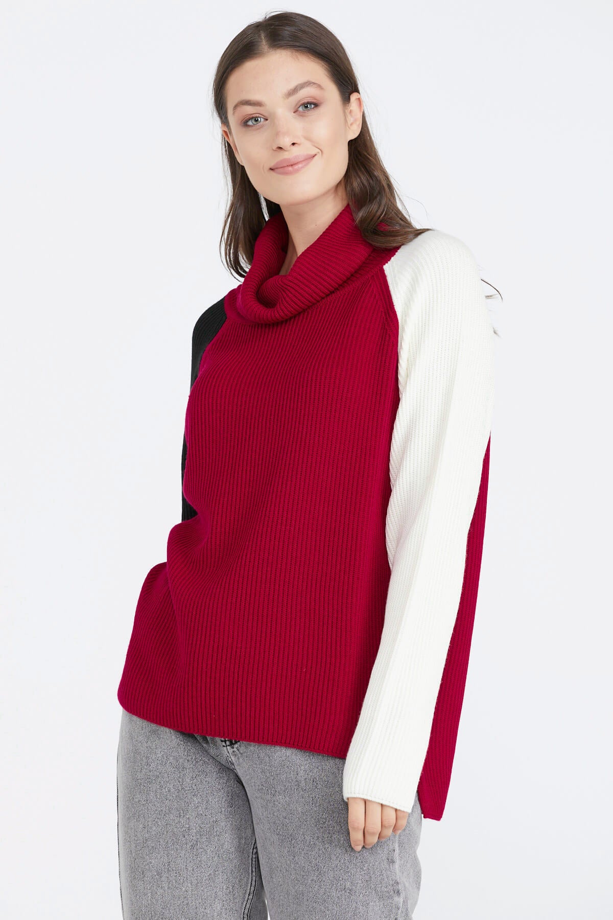 Kadın Degaje Yaka Renkli Triko Kazak - Kırmızı (2) Sementa