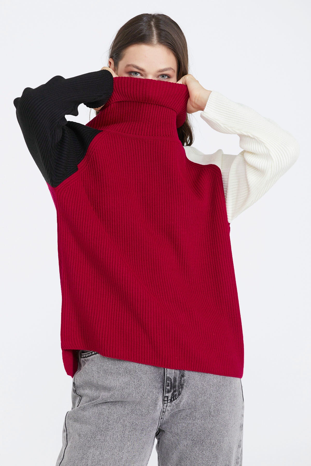 Kadın Degaje Yaka Renkli Triko Kazak - Kırmızı (3) Sementa