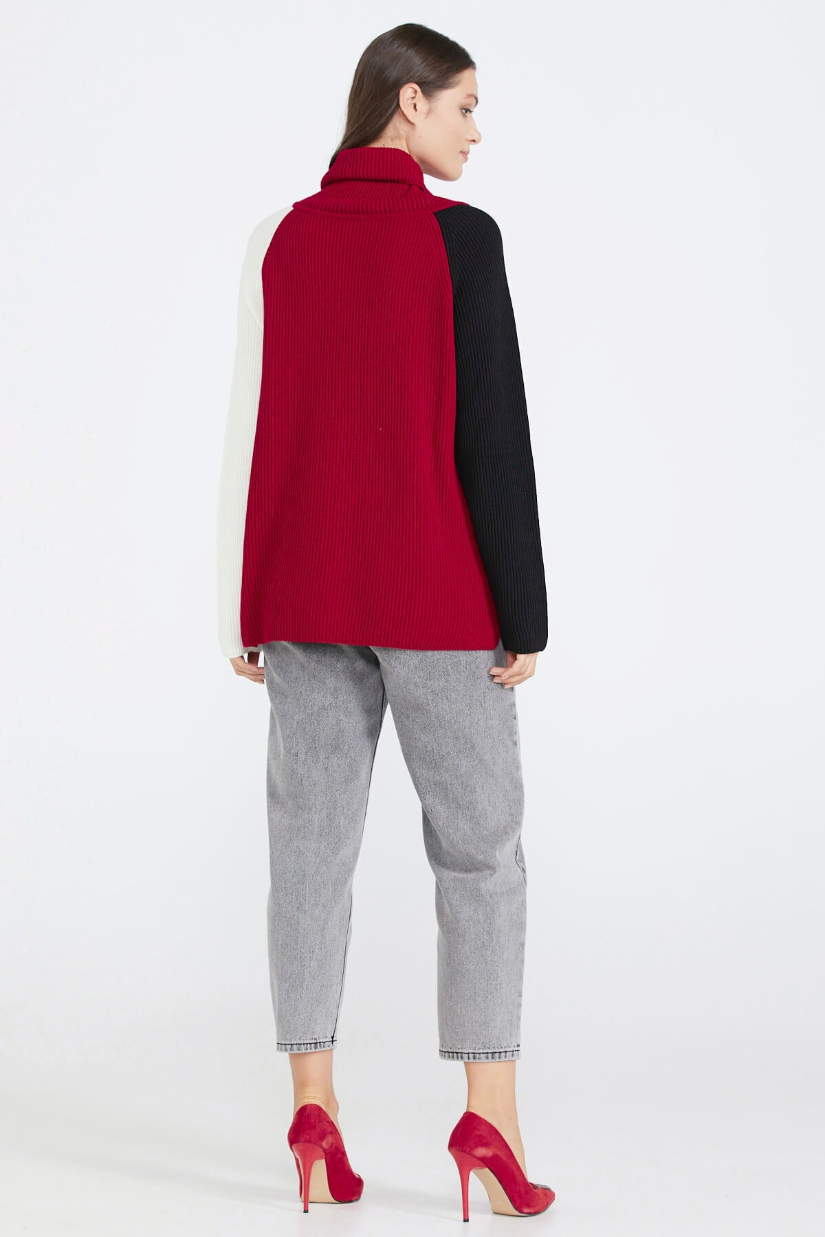 Kadın Degaje Yaka Renkli Triko Kazak - Kırmızı (4) Sementa