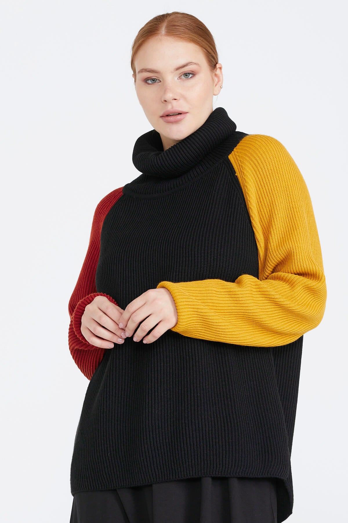 Kadın Degaje Yaka Renkli Triko Kazak - Siyah (2) Sementa