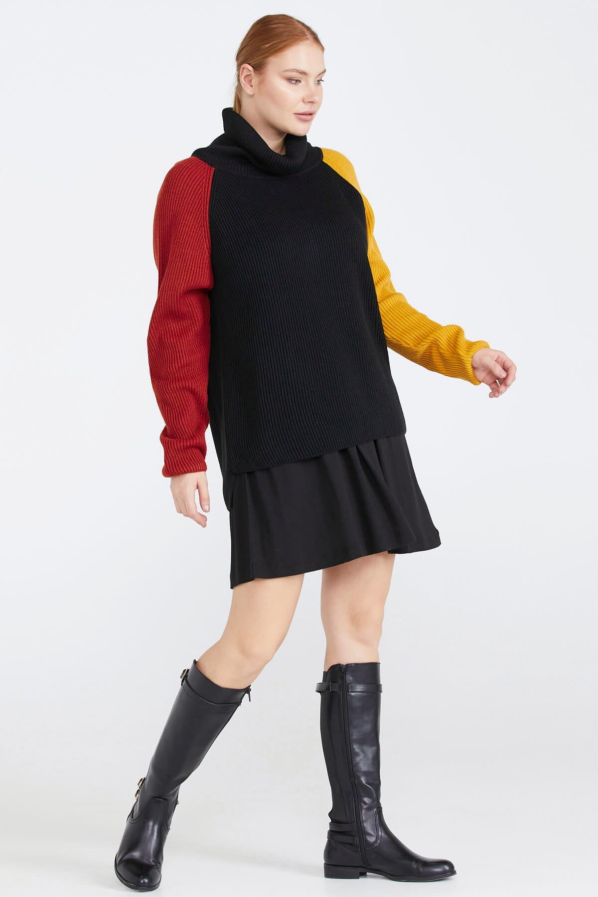 Kadın Degaje Yaka Renkli Triko Kazak - Siyah (3) Sementa