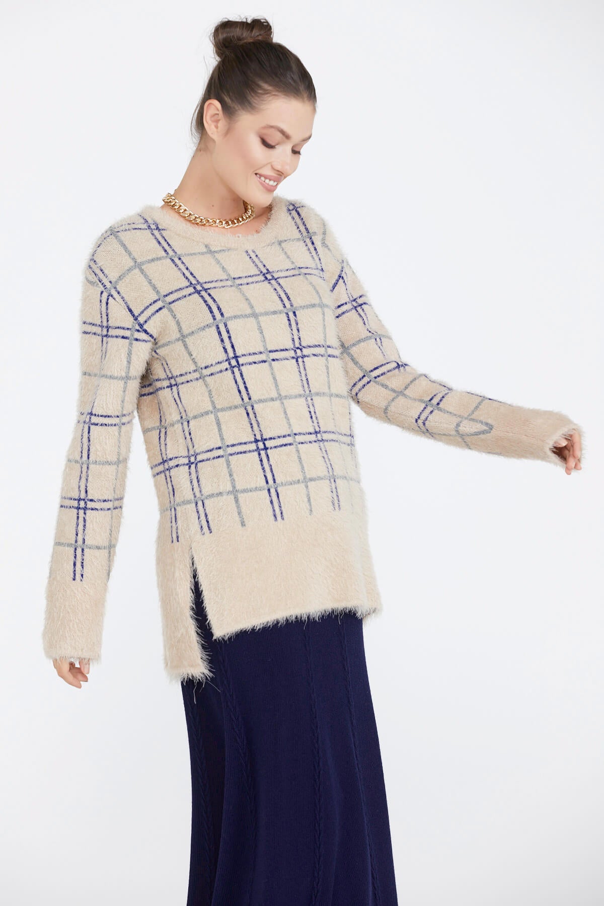 Kadın Desenli Triko Kazak - Bej (3) Sementa