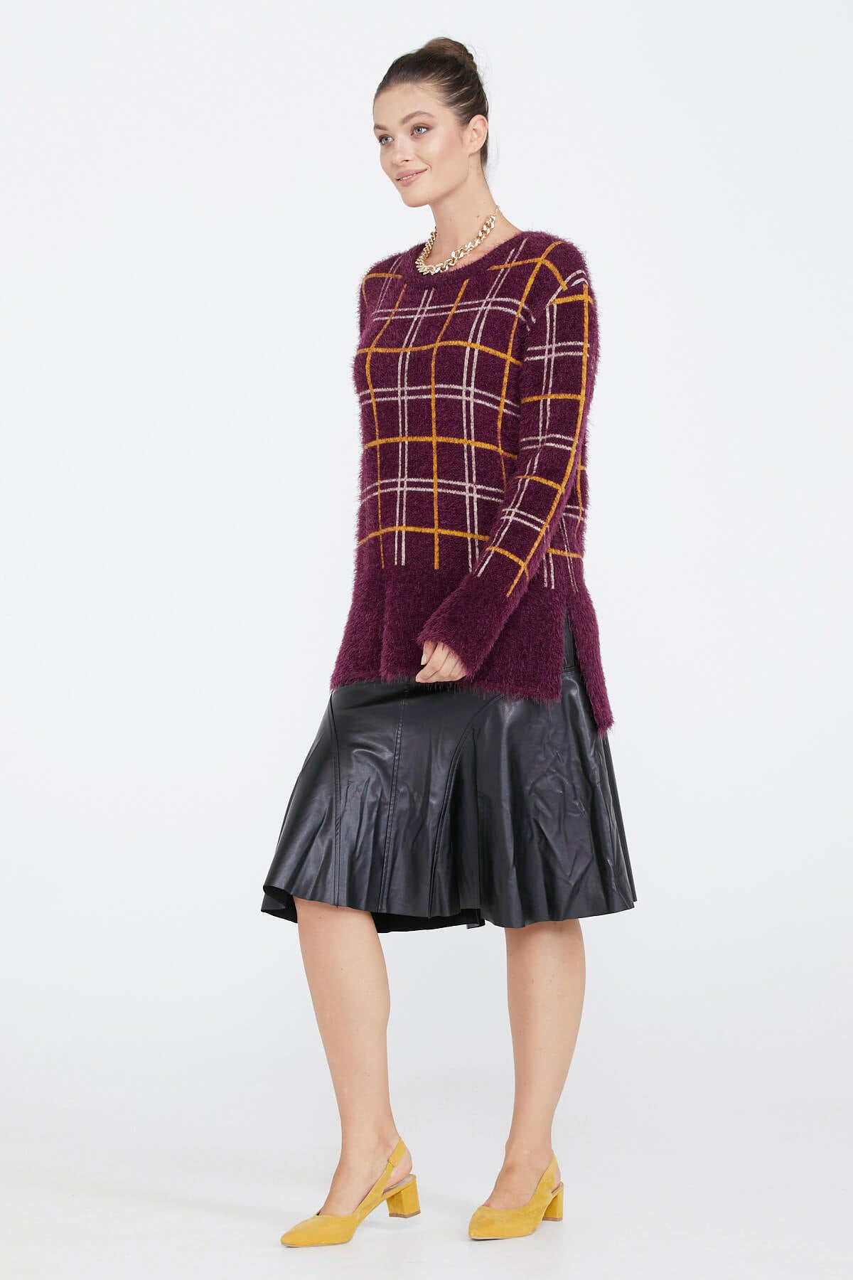 Kadın Desenli Triko Kazak - Bordo (3) Sementa