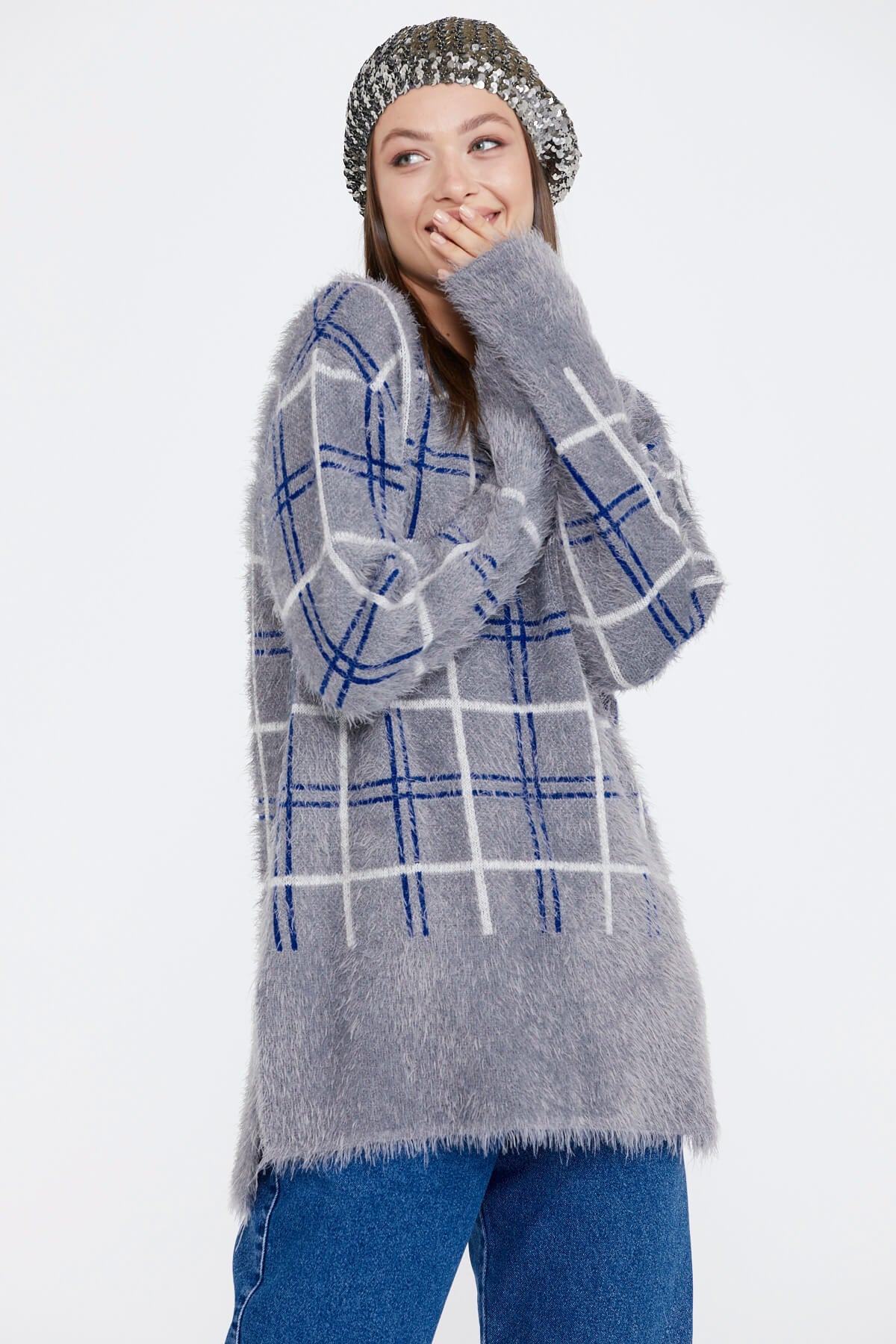 Kadın Desenli Triko Kazak - Gri (3) Sementa