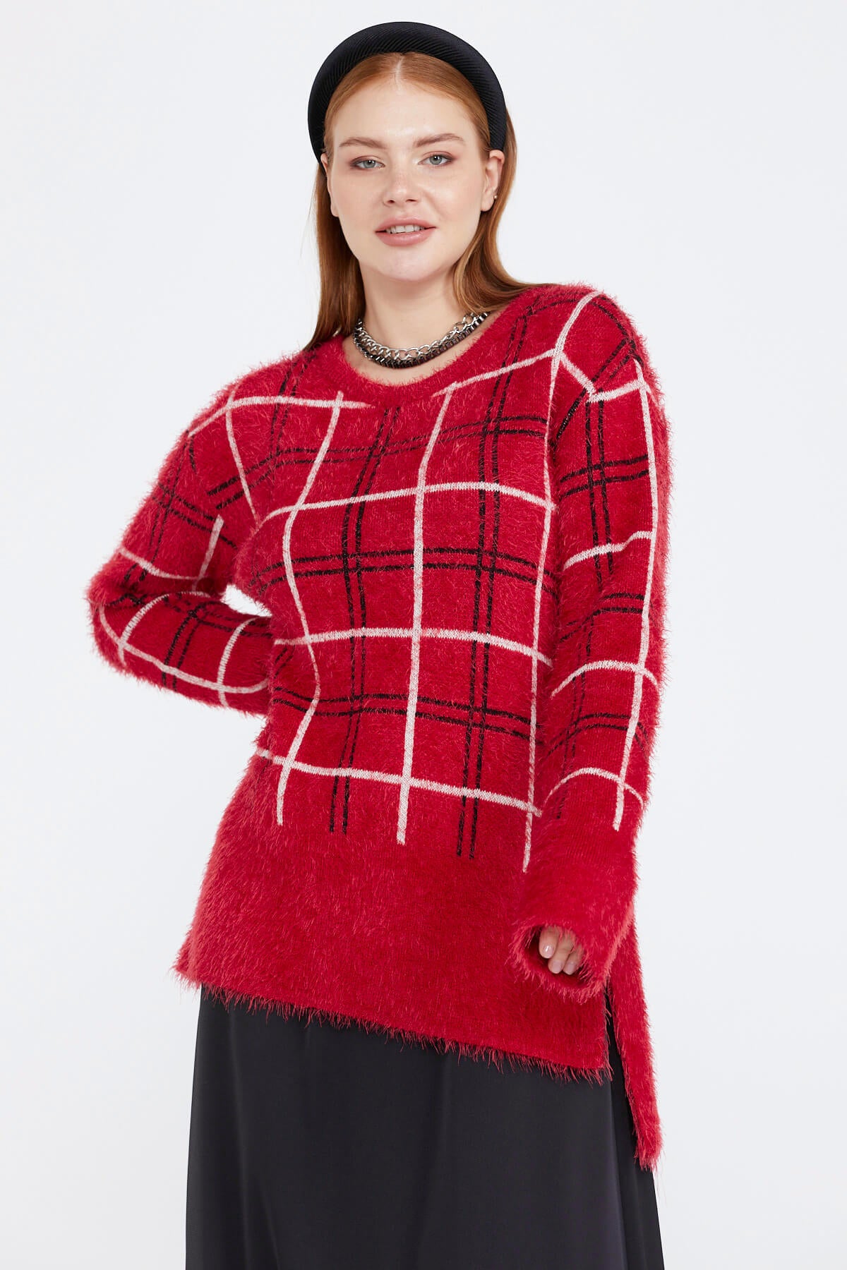 Kadın Desenli Triko Kazak - Kırmızı (3) Sementa