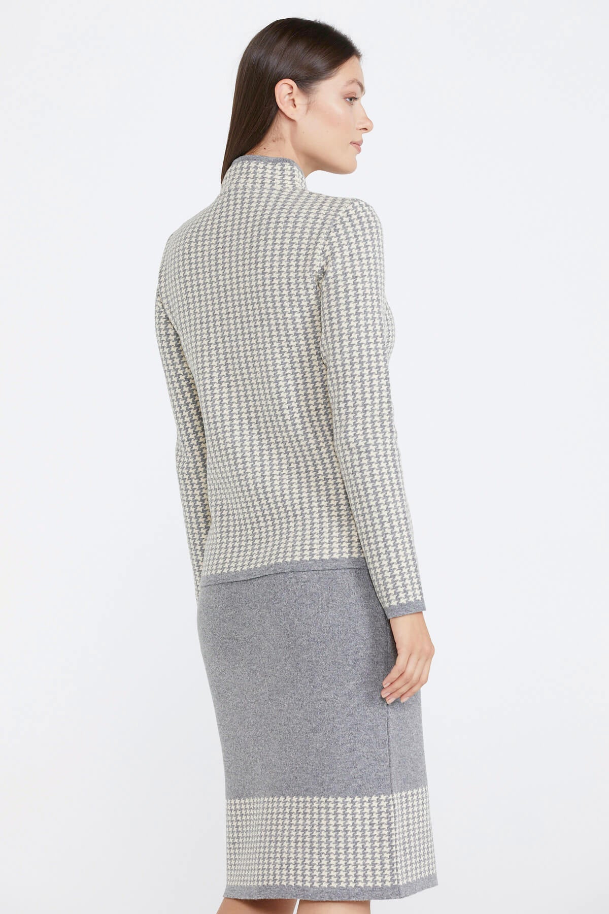 Kadın Dik Yaka Etekli Triko Takım - Gri - Kemik (4) Sementa