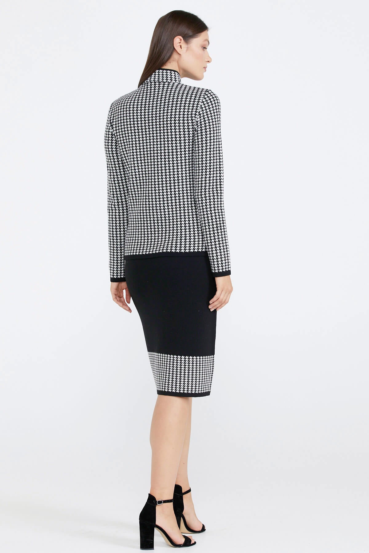 Kadın Dik Yaka Etekli Triko Takım - Siyah - Beyaz (4) Sementa