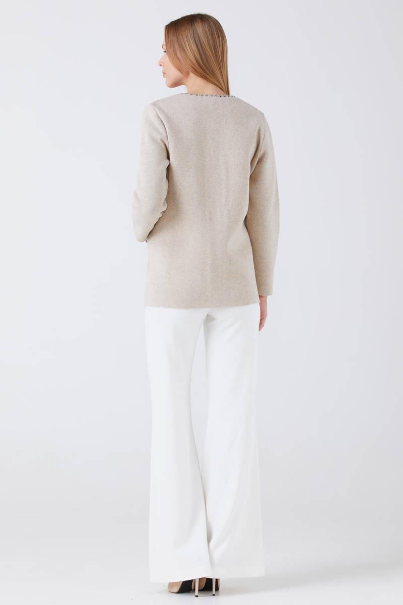 Kadın Fermuarlı Cepli Triko Ceket - Bej - Antrasit (4) Sementa