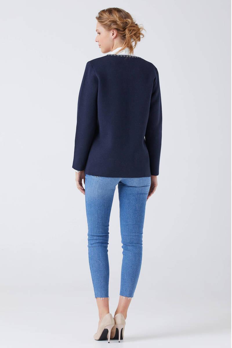 Kadın Fermuarlı Cepli Triko Ceket - Lacivert - Krem (4) Sementa