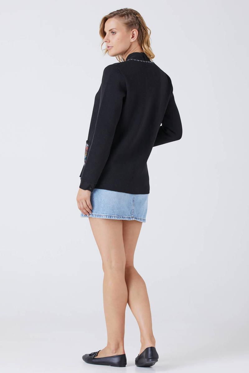 Kadın Fermuarlı Cepli Triko Ceket - Siyah - Gri (4) Sementa