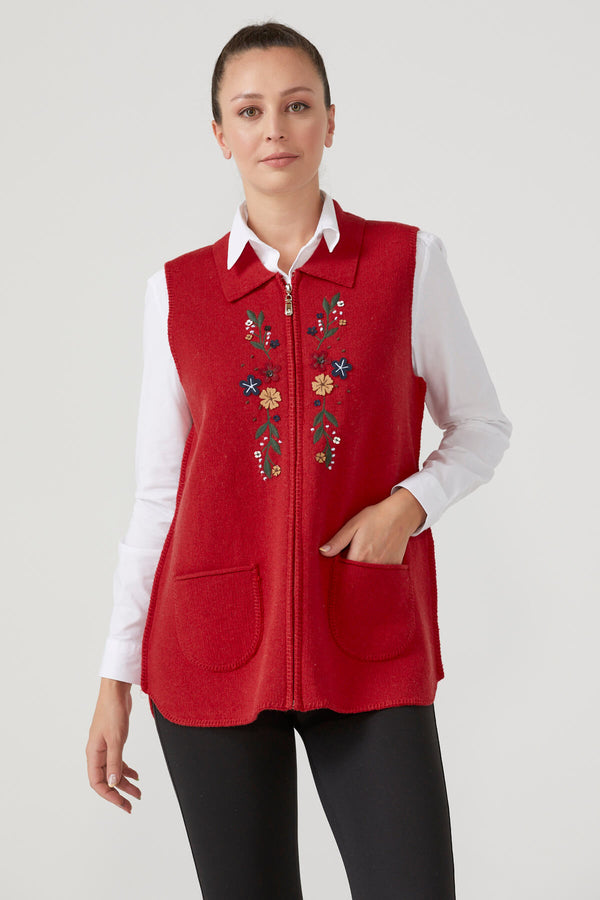 Kadın Fermuarlı Triko Yelek - Kırmızı (5) Sementa