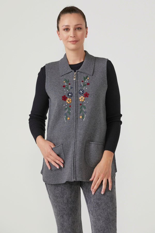 Kadın Fermuarlı Triko Yelek - Koyu Gri (7) Sementa