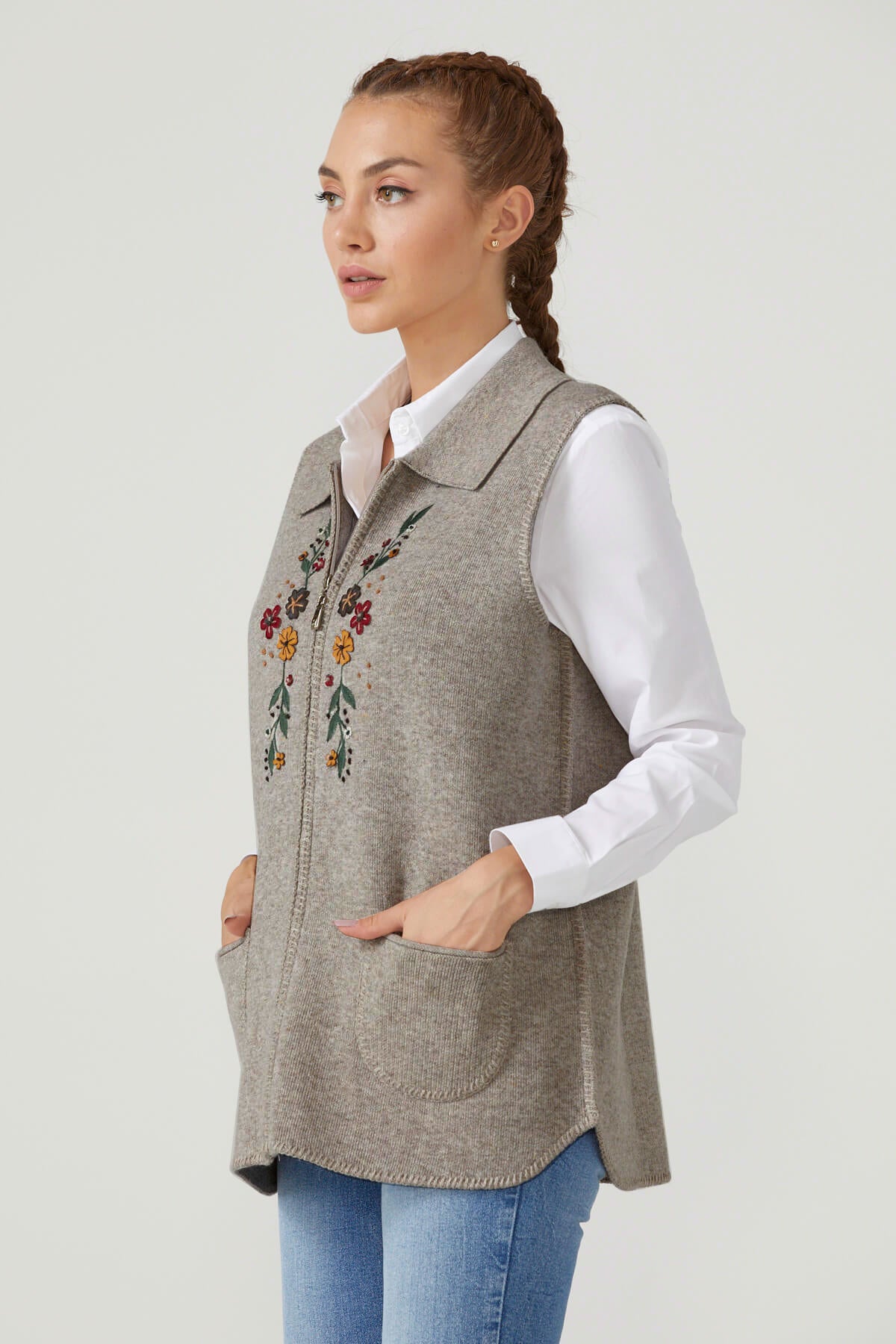 Kadın Fermuarlı Triko Yelek - Vizon (2) Sementa