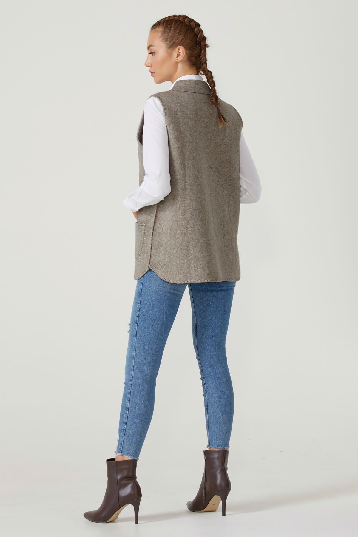 Kadın Fermuarlı Triko Yelek - Vizon (3) Sementa