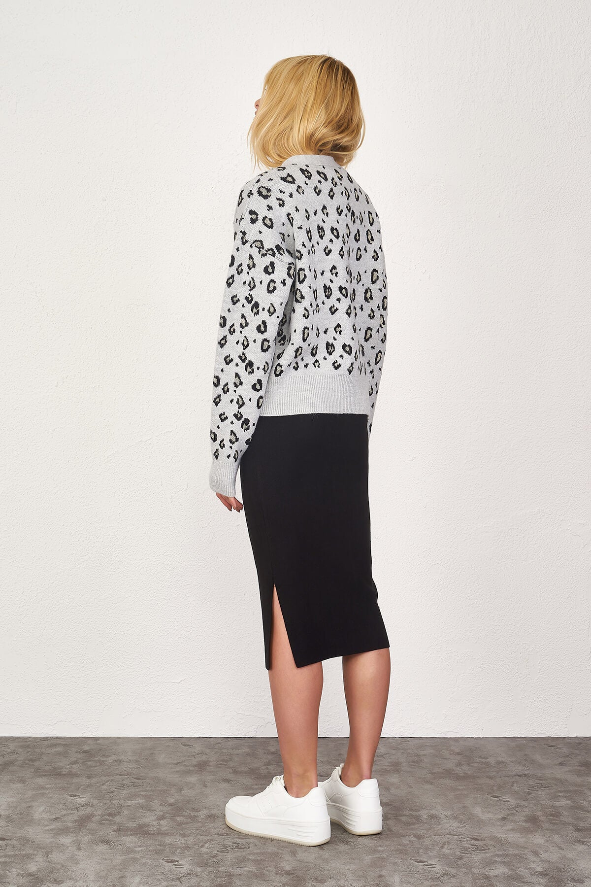 Kadın Leopar Desenli Triko Hırka - Gri - Siyah (3) Sementa