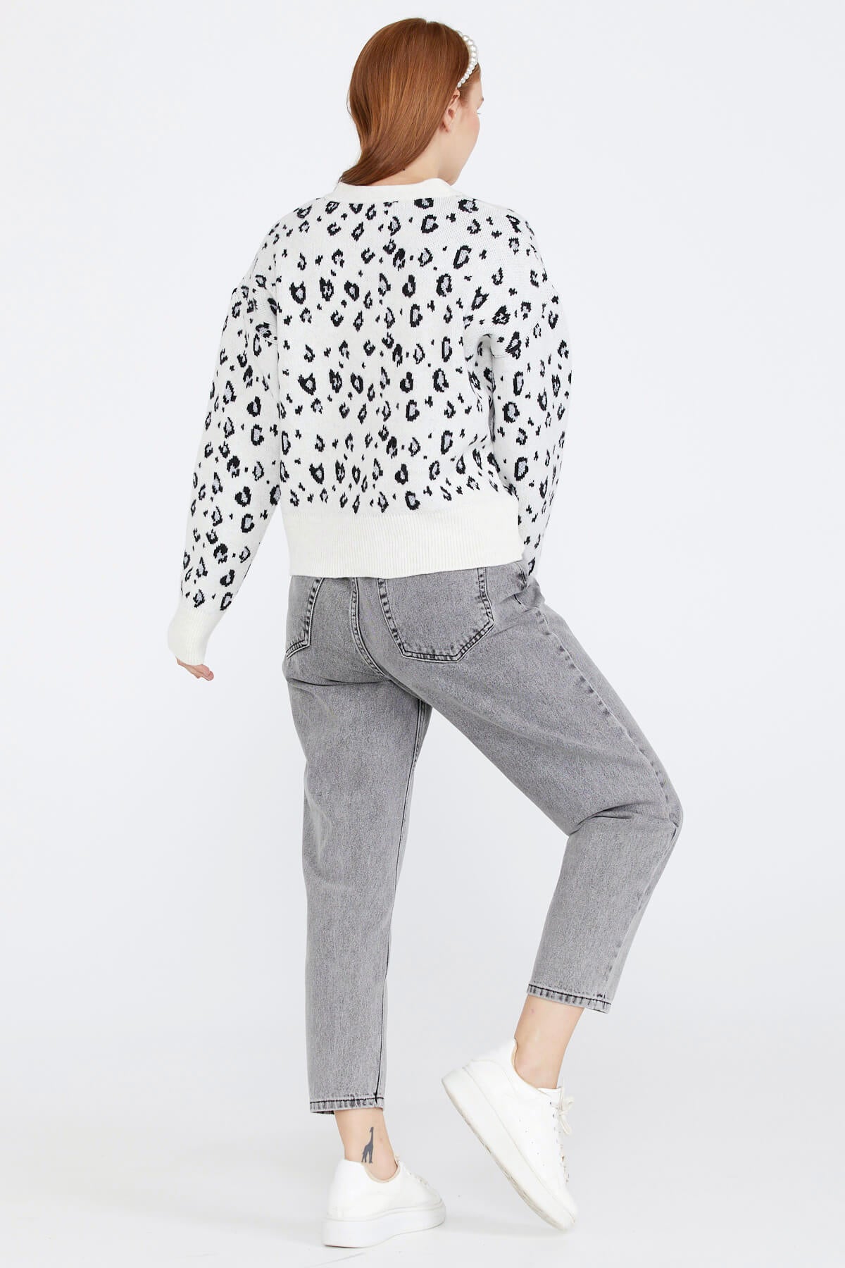 Kadın Leopar Desenli Triko Hırka - Kemik - Siyah (4) Sementa