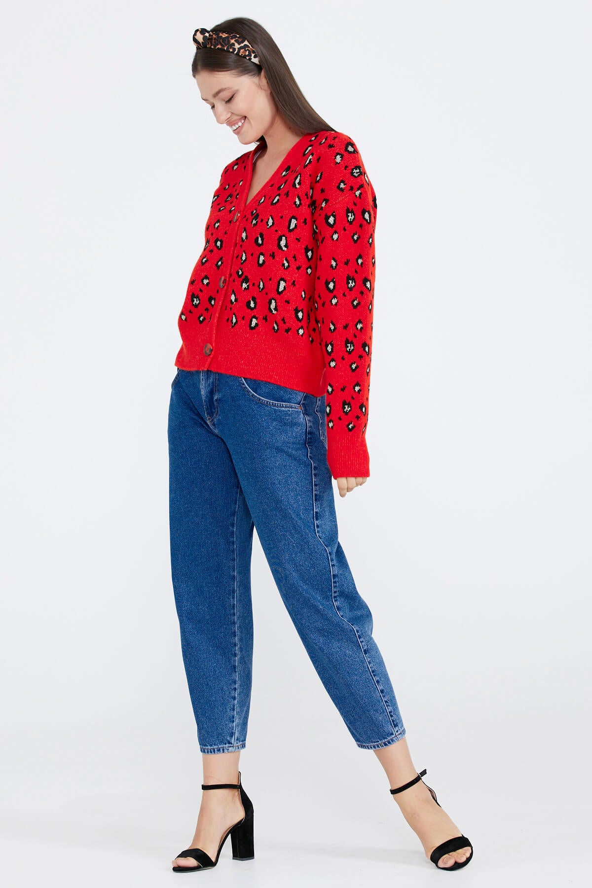 Kadın Leopar Desenli Triko Hırka - Kırmızı - Siyah (3) Sementa
