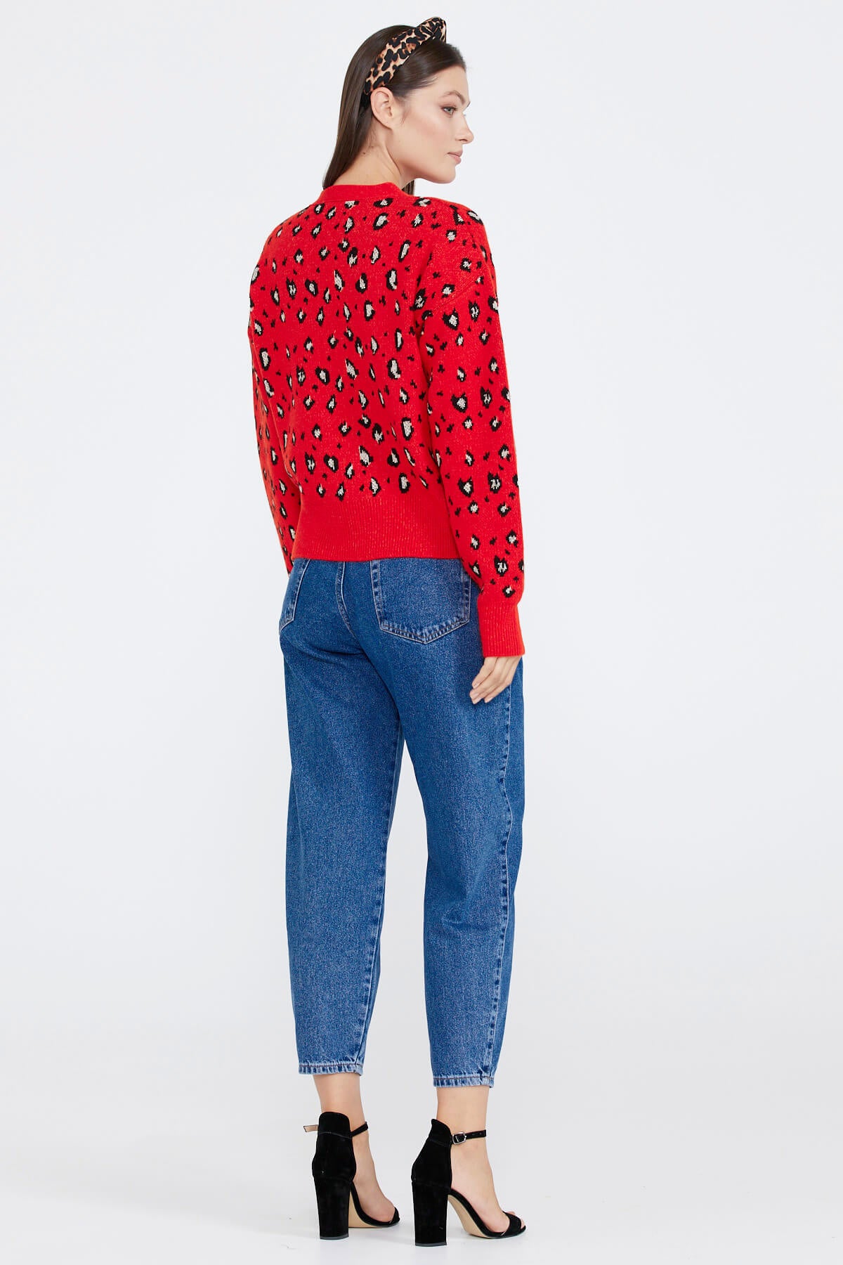 Kadın Leopar Desenli Triko Hırka - Kırmızı - Siyah (4) Sementa