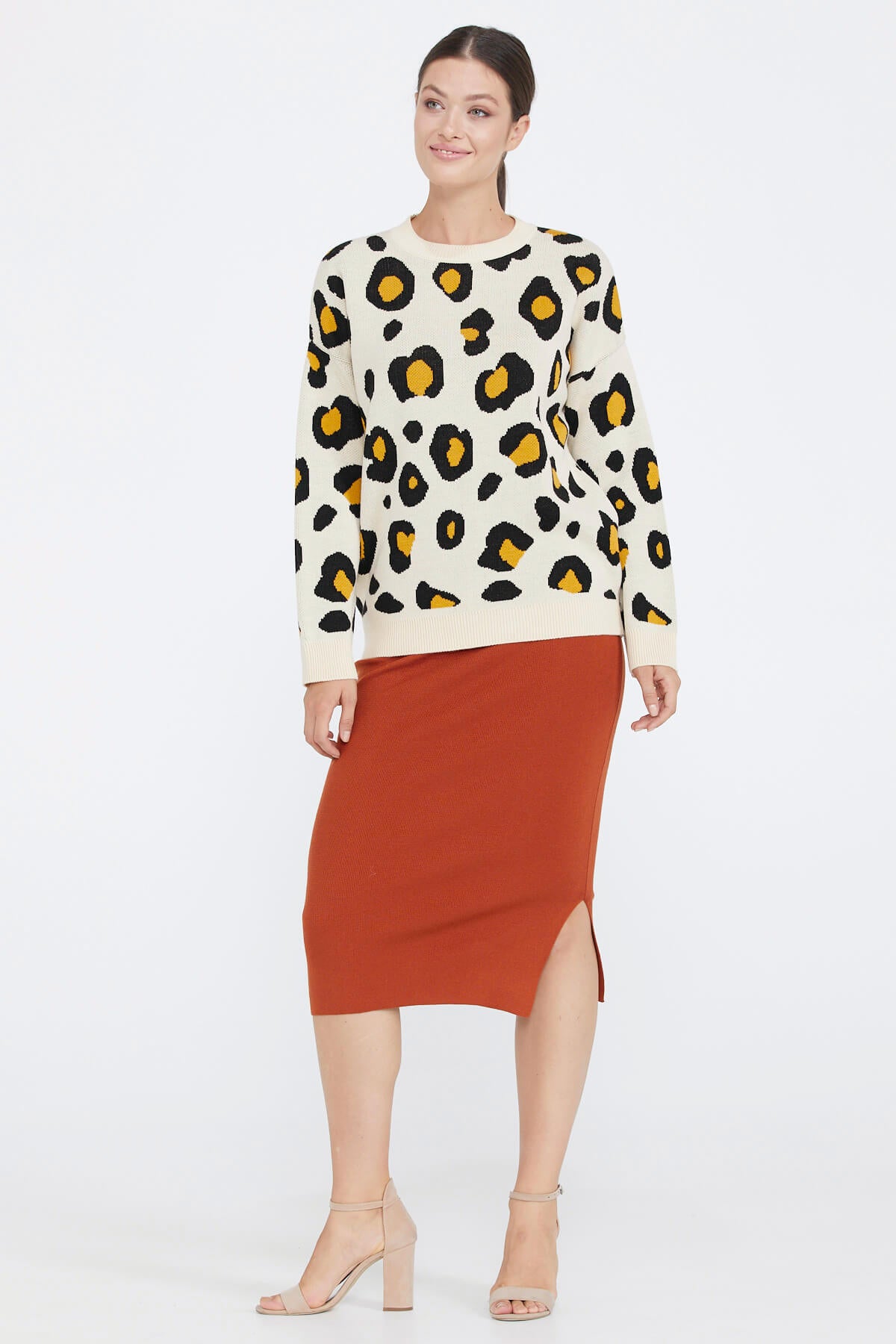 Kadın Leopar Desenli Triko Kazak - Krem (3) Sementa