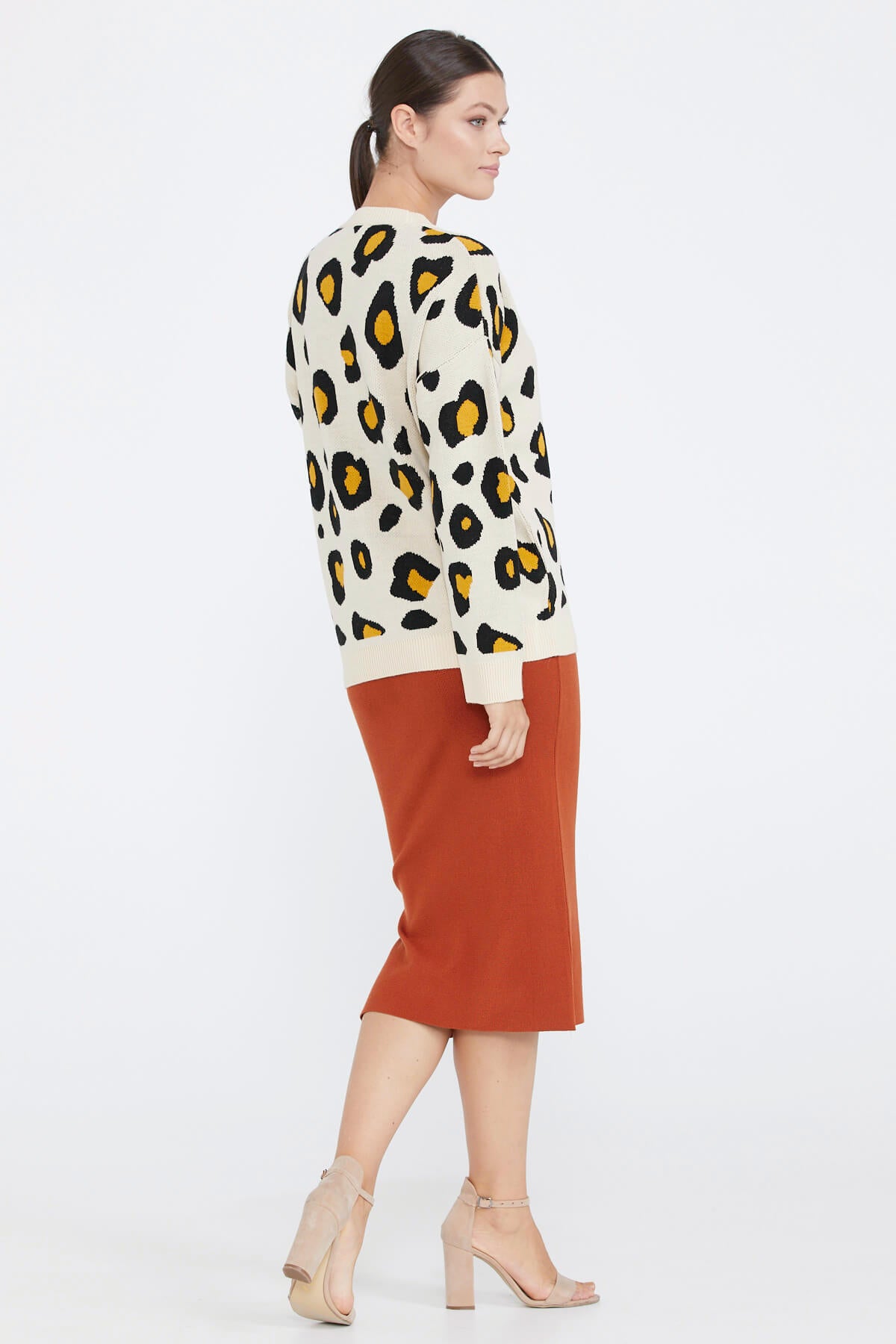Kadın Leopar Desenli Triko Kazak - Krem (4) Sementa