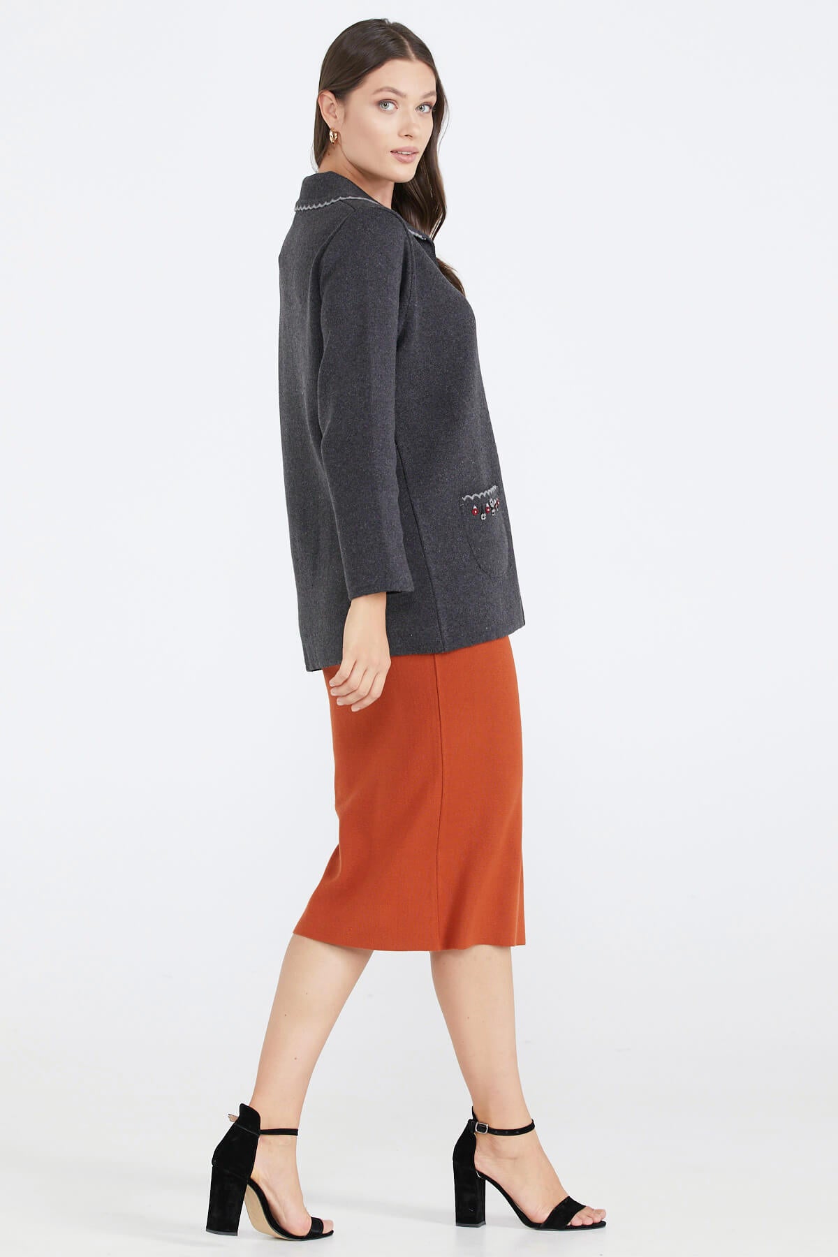 Kadın Polo Yaka Cepli Nakışlı Triko Ceket - Antrasit (4) Sementa