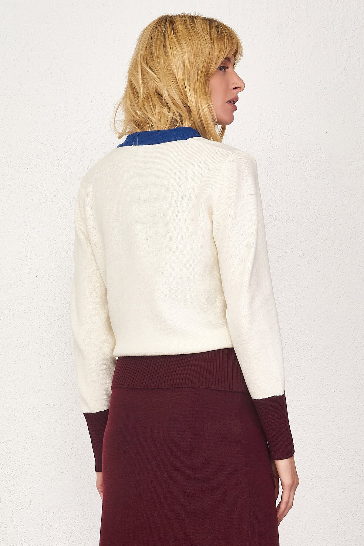 Kadın Renkli Cepli Triko Hırka - Kemik (4) Sementa