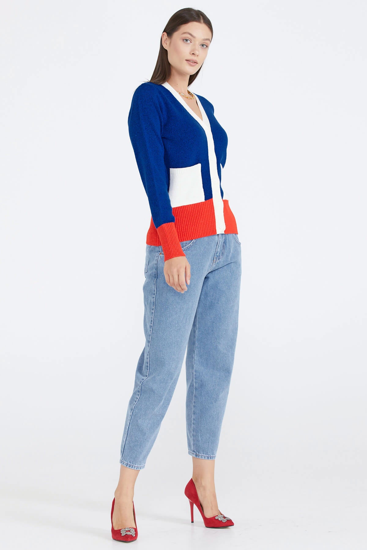 Kadın Renkli Cepli Triko Hırka - Saks (3) Sementa