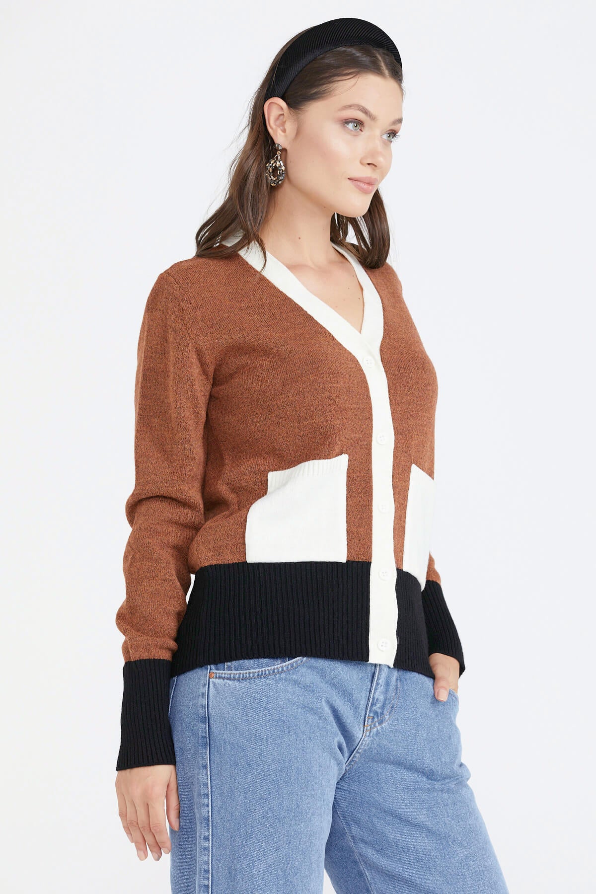 Kadın Renkli Cepli Triko Hırka - Taba (3) Sementa