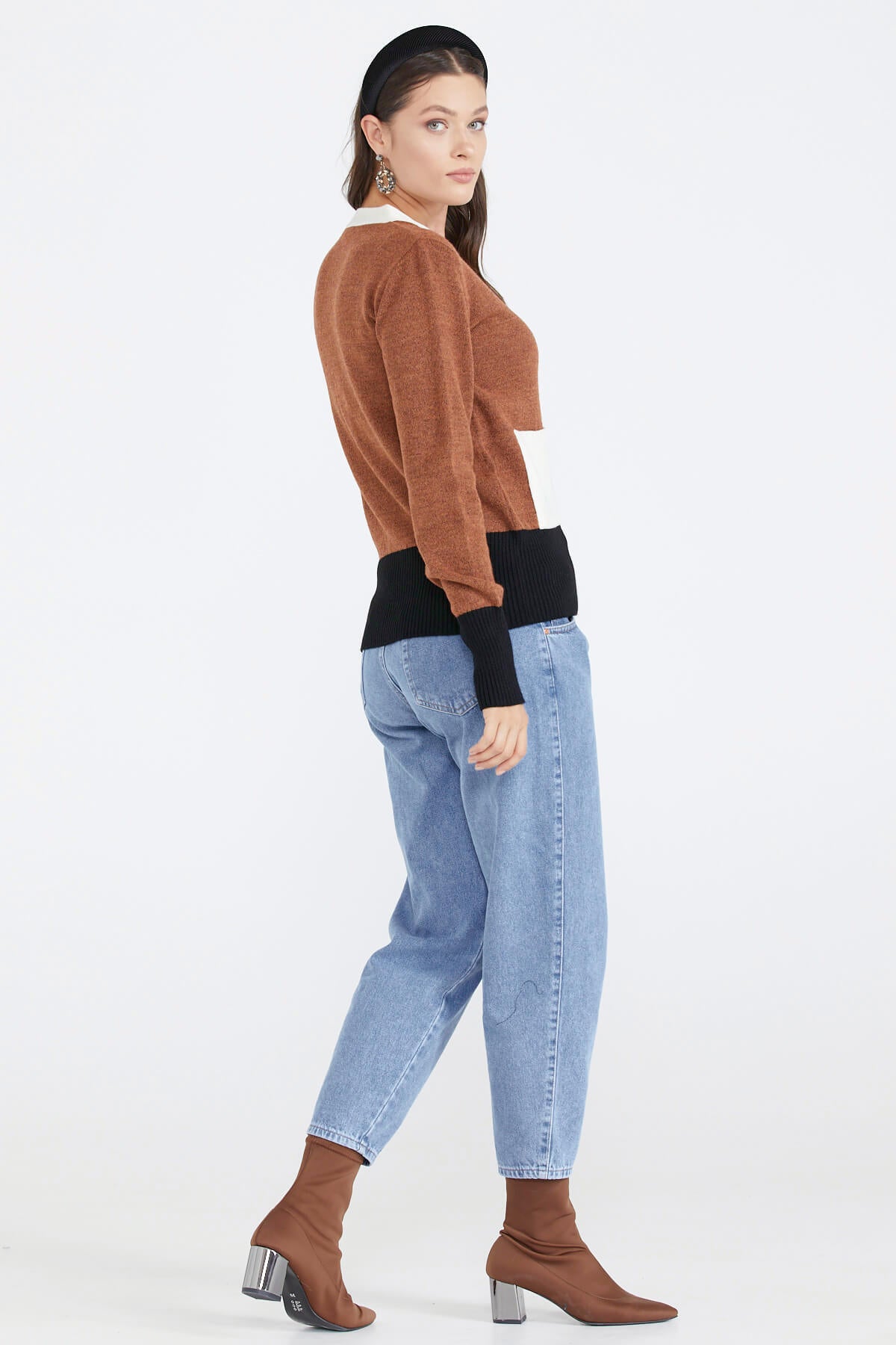 Kadın Renkli Cepli Triko Hırka - Taba (4) Sementa