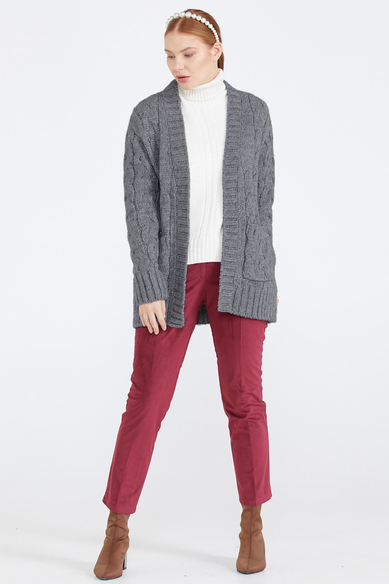 Kadın Saç Örgü Triko Ceket - Açık Gri (2) Sementa