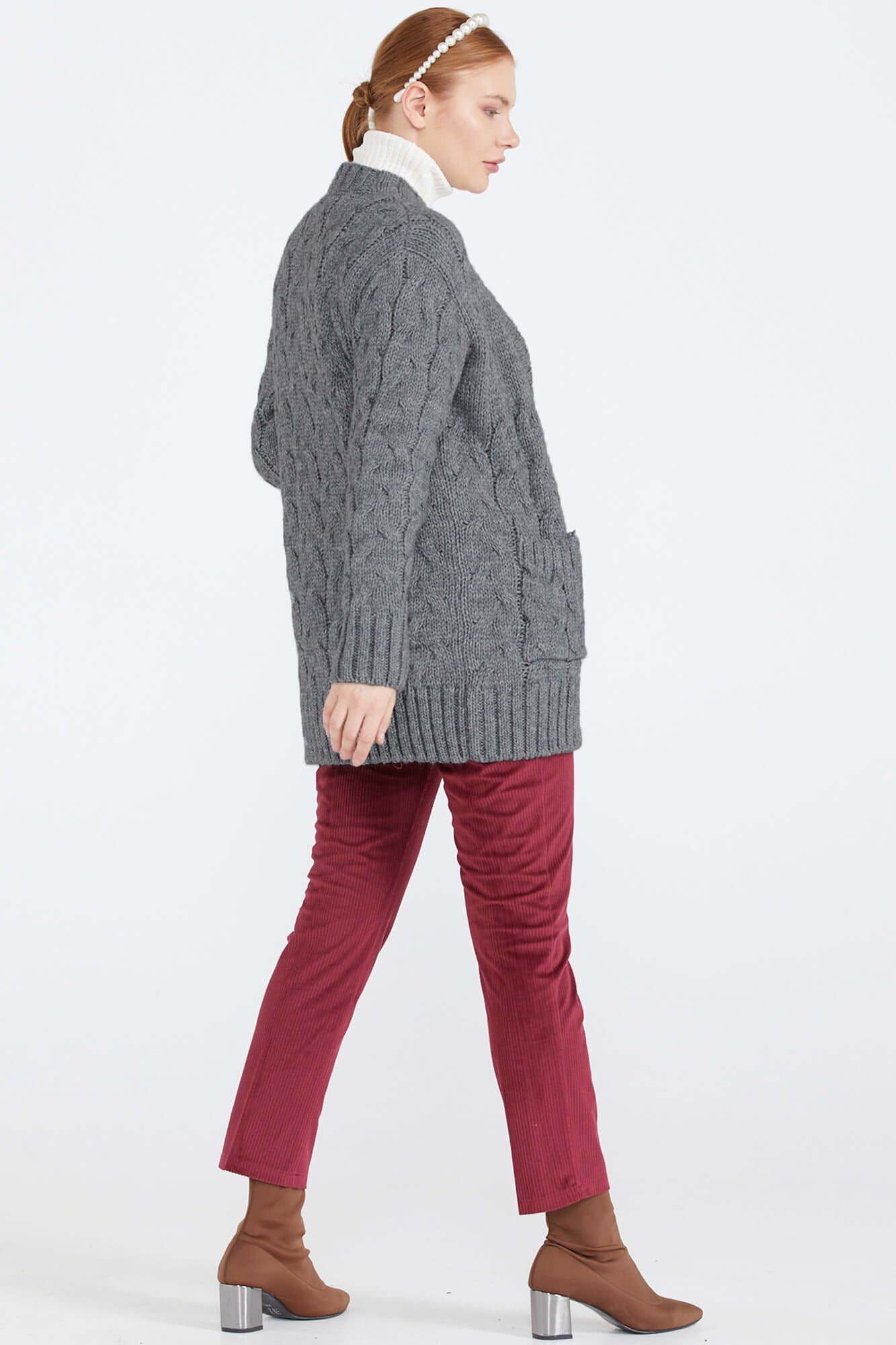 Kadın Saç Örgü Triko Ceket - Açık Gri (3) Sementa