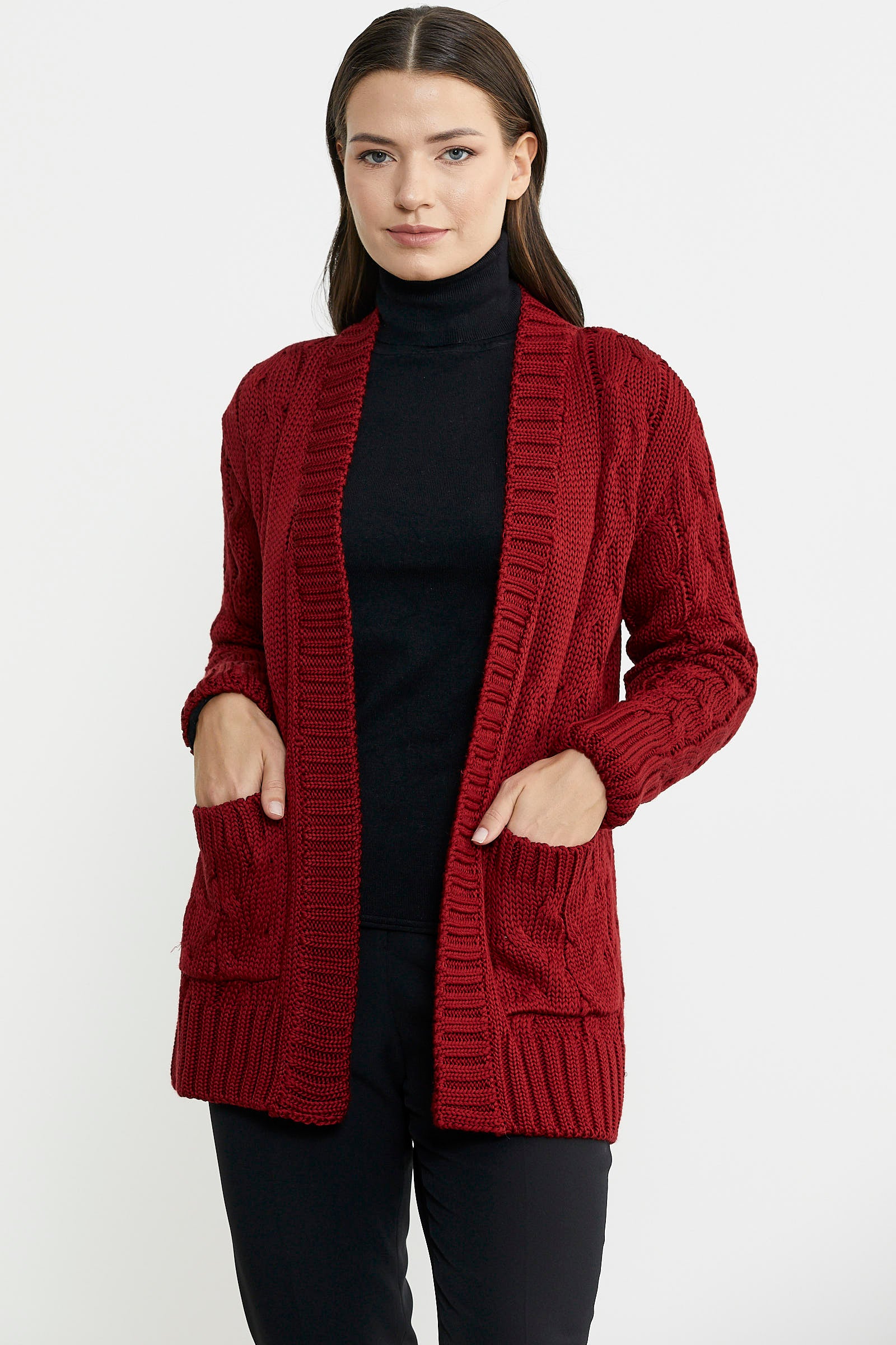 Kadın Saç Örgü Yünlü Triko Ceket - Bordo - Sementa