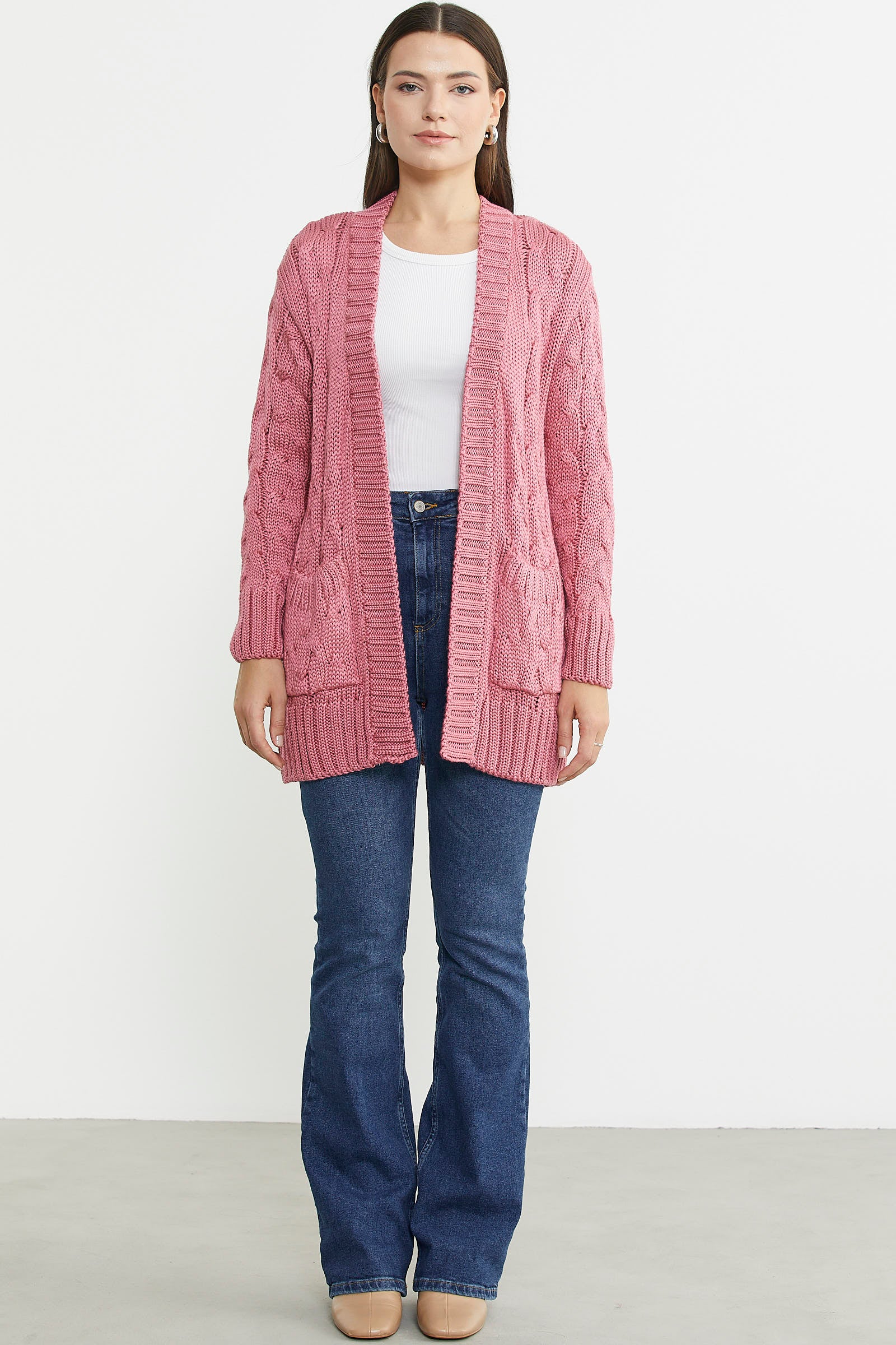 Kadın Saç Örgü Yünlü Triko Ceket - Gül - Sementa