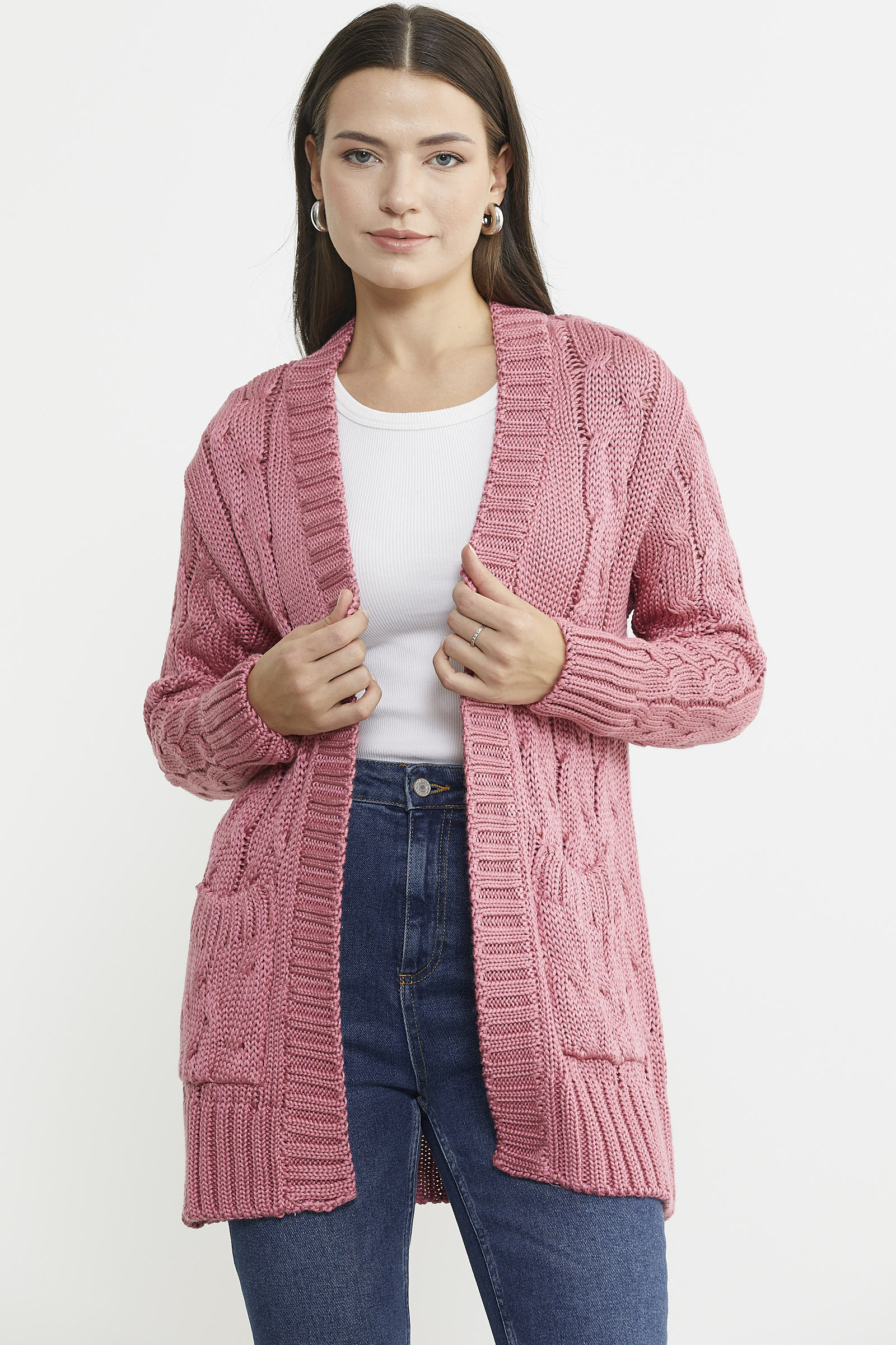 Kadın Saç Örgü Yünlü Triko Ceket - Gül - Sementa
