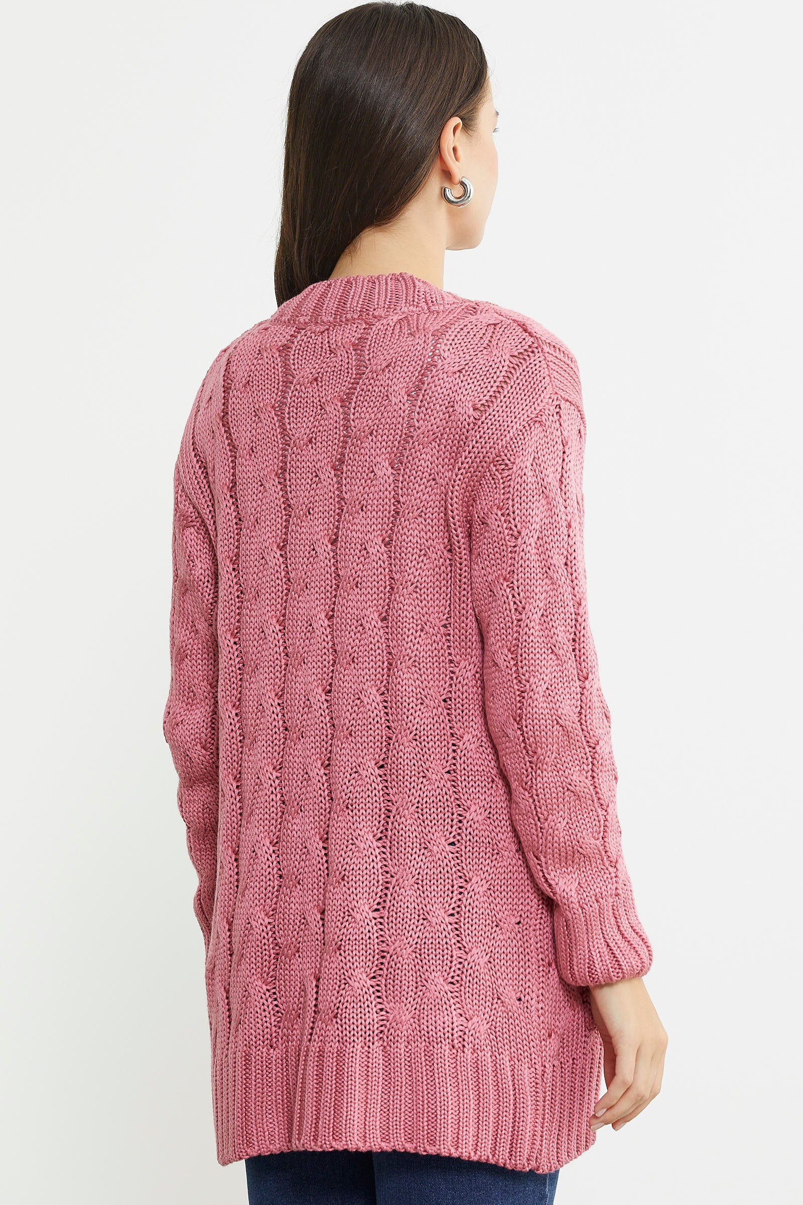 Kadın Saç Örgü Yünlü Triko Ceket - Gül - Sementa