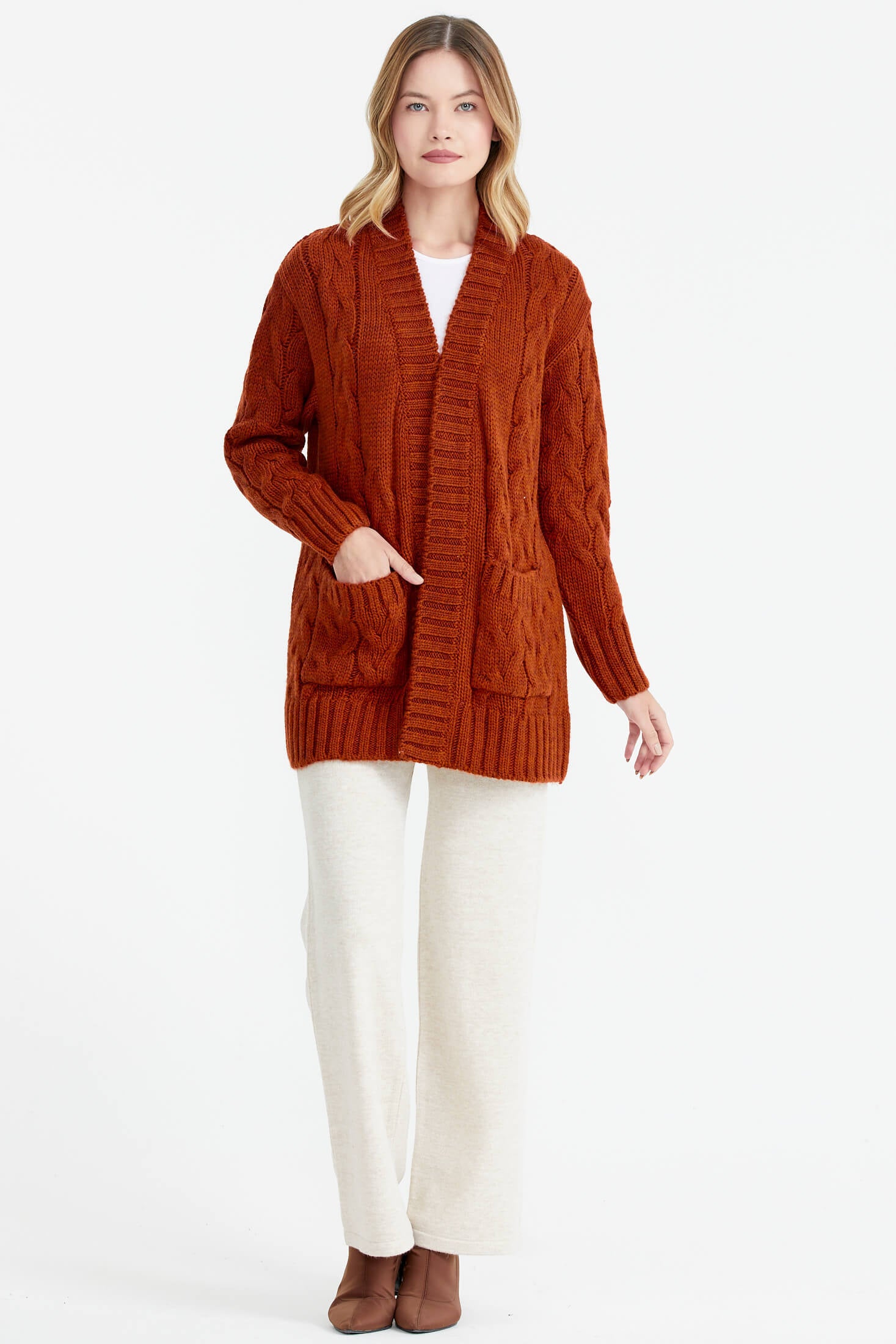 Kadın Saç Örgü Triko Ceket - Kiremit (2) Sementa