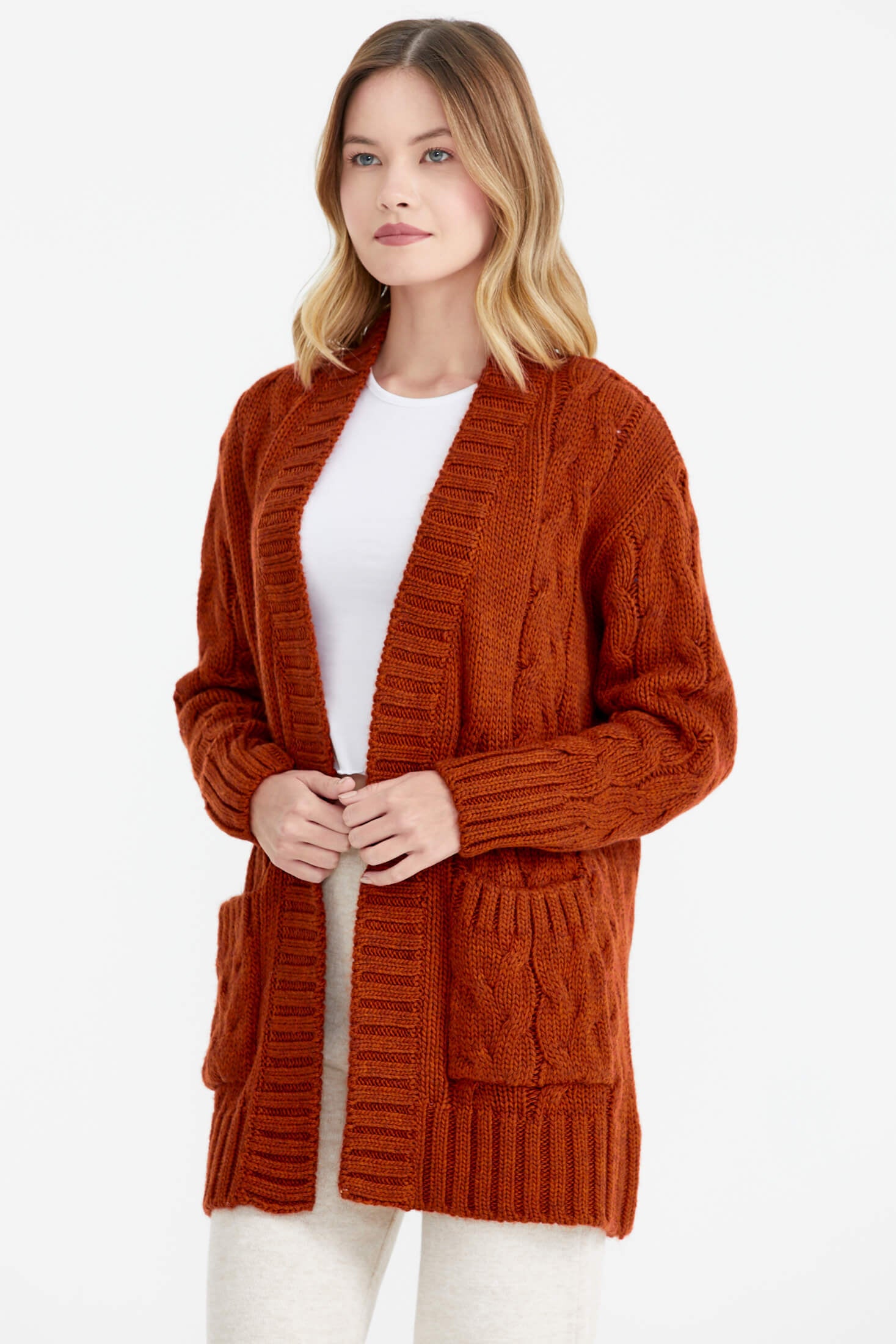 Kadın Saç Örgü Triko Ceket - Kiremit (3) Sementa