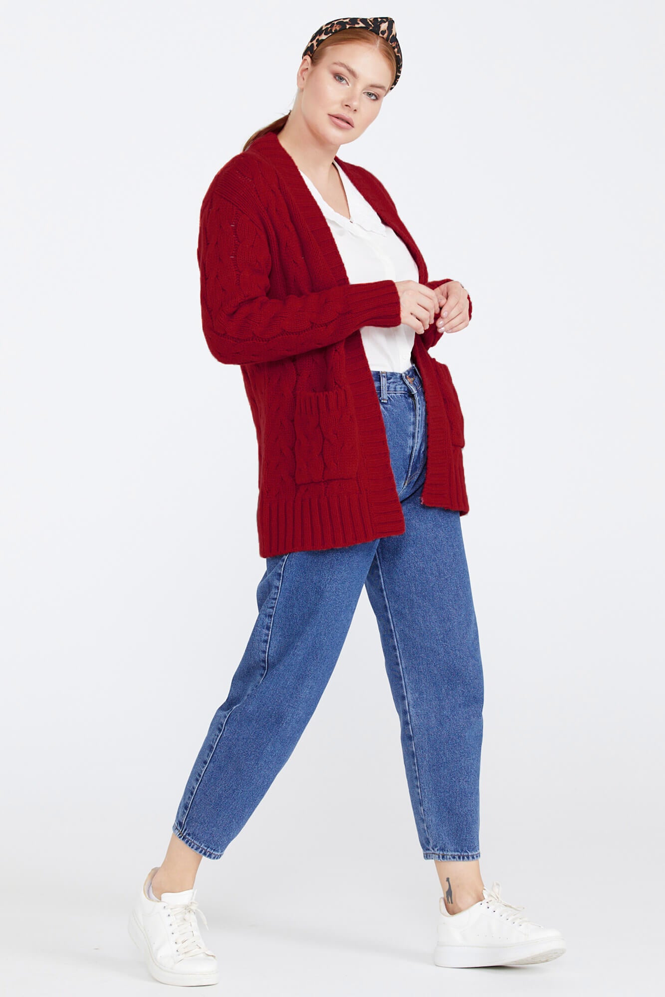 Kadın Saç Örgü Triko Ceket - Kırmızı (2) Sementa