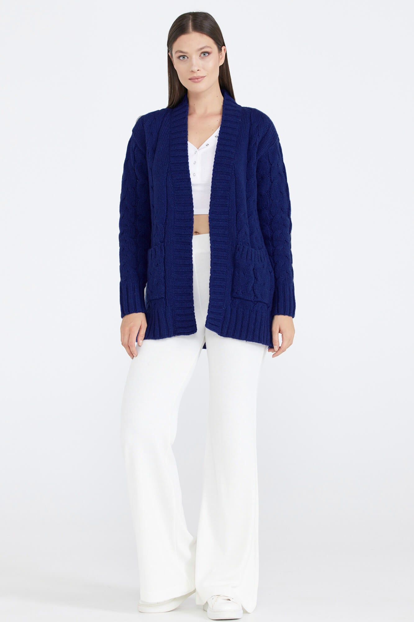 Kadın Saç Örgü Triko Ceket - Saks (2) Sementa