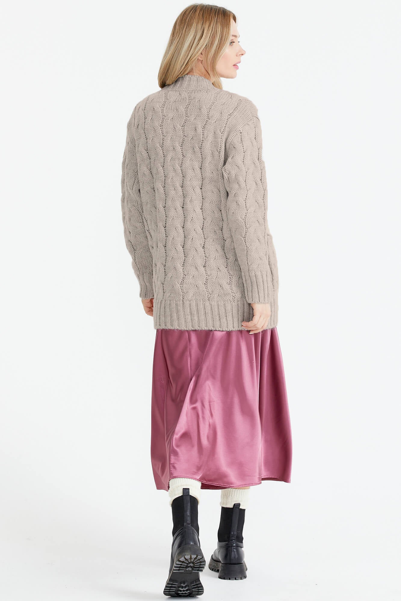 Kadın Saç Örgü Triko Ceket - Vizon (2) Sementa