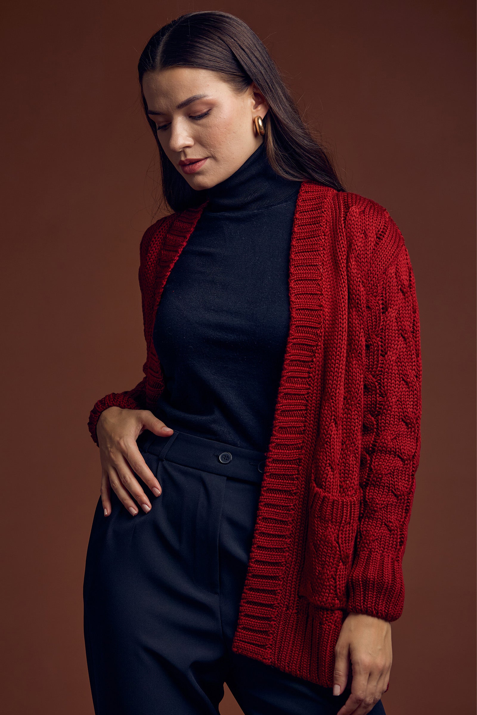 Kadın Saç Örgü Yünlü Triko Ceket - Bordo - Sementa