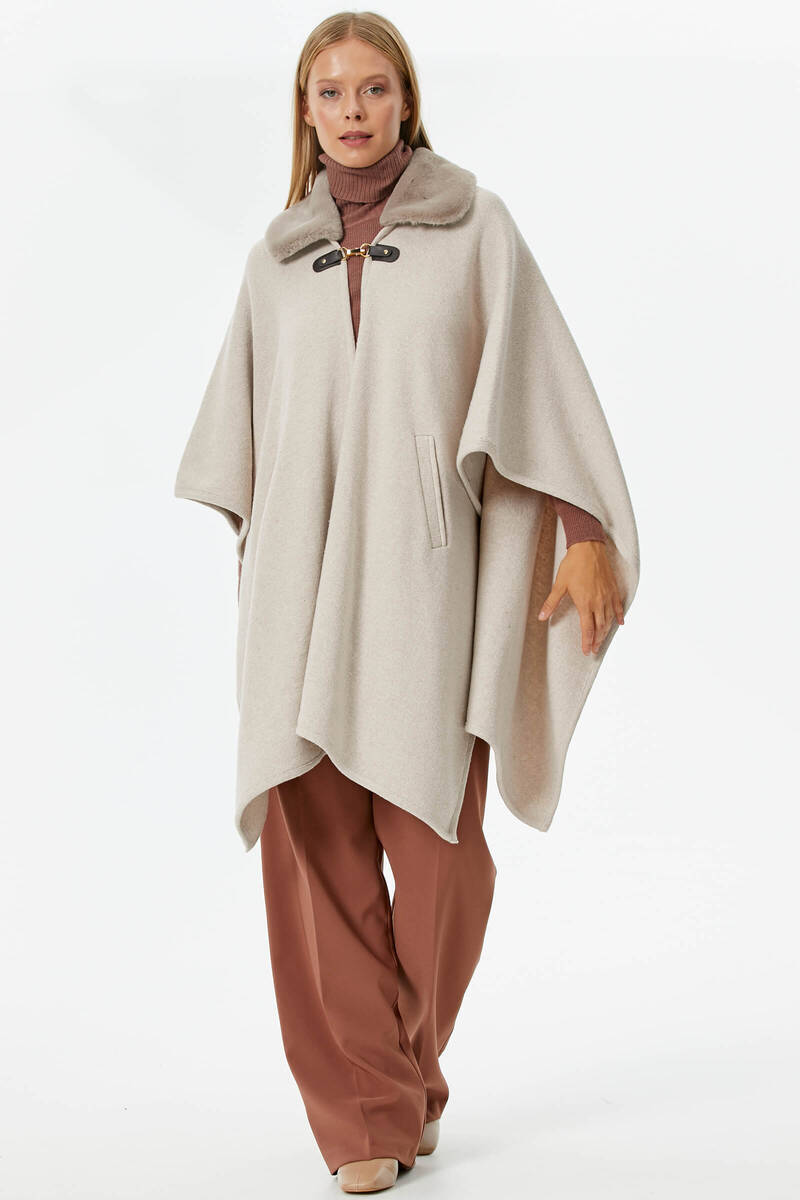 Kadın Suni Kürk Detaylı Triko Panço - Bej (2) Sementa