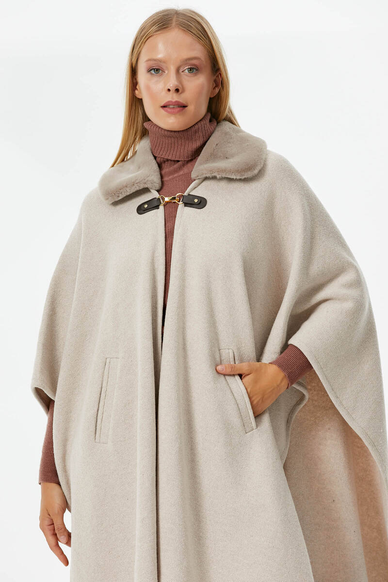 Kadın Suni Kürk Detaylı Triko Panço - Bej (4) Sementa