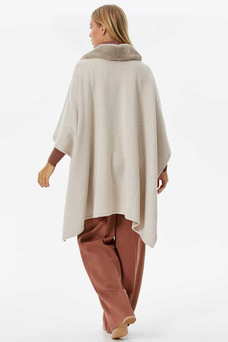 Kadın Suni Kürk Detaylı Triko Panço - Bej (5) Sementa