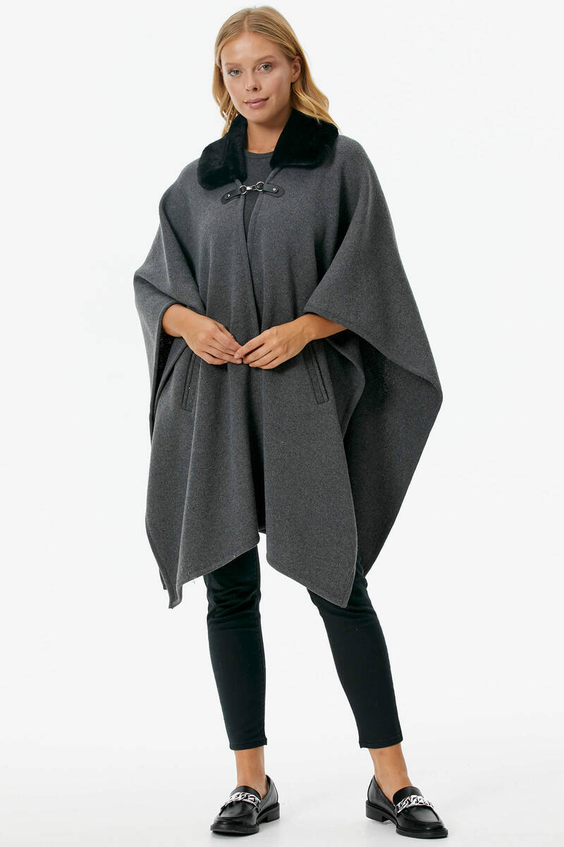 Kadın Suni Kürk Detaylı Triko Panço - Koyu Gri (4) Sementa